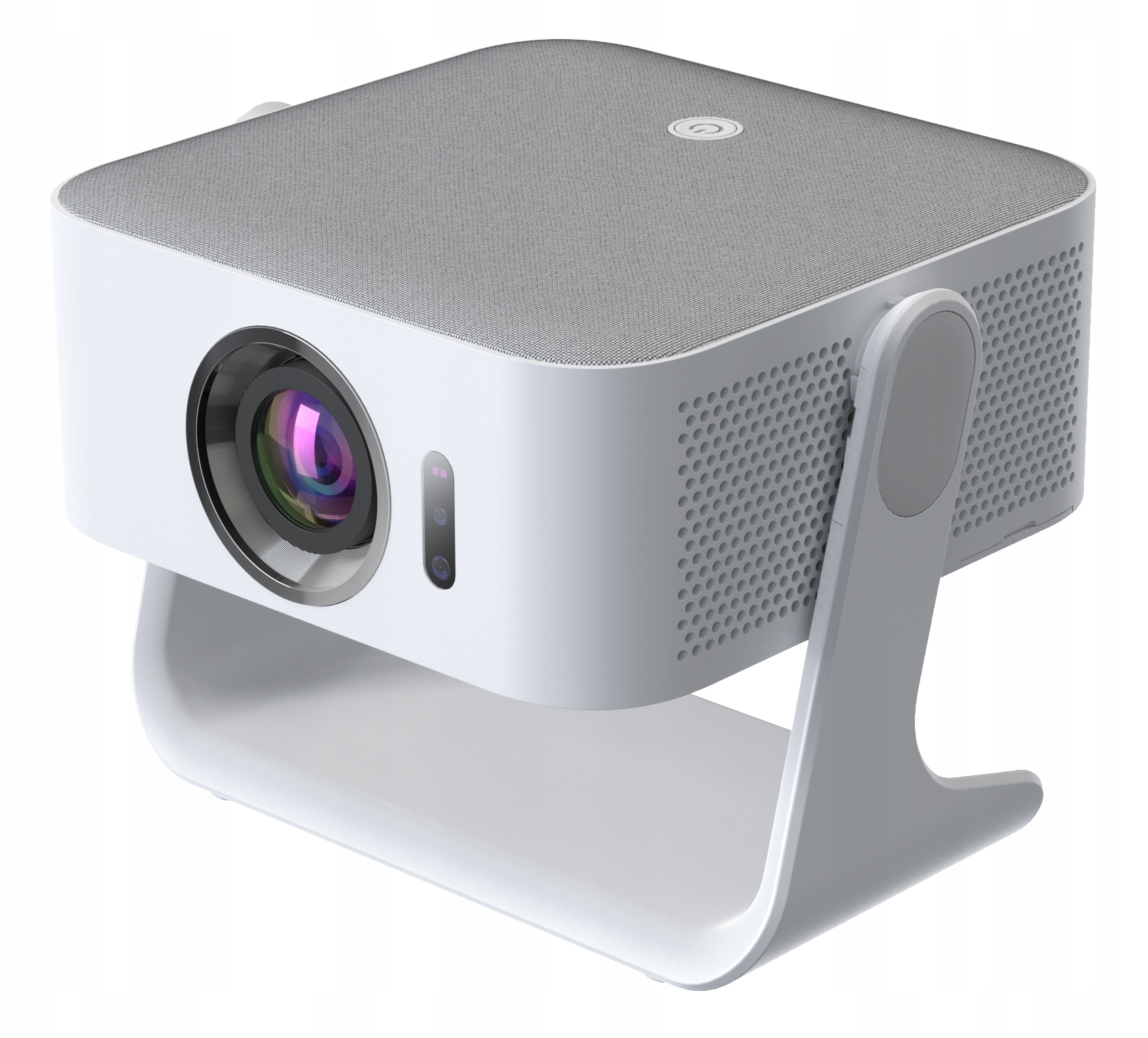 Kompaktowy biały projektor z szarym materiałowym wierzchem i obiektywem.