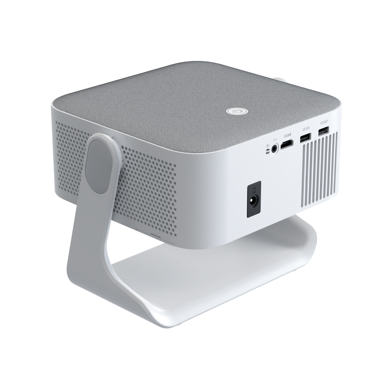 Biały projektor z szarą górą i otworami wentylacyjnymi stoi na stojaku.