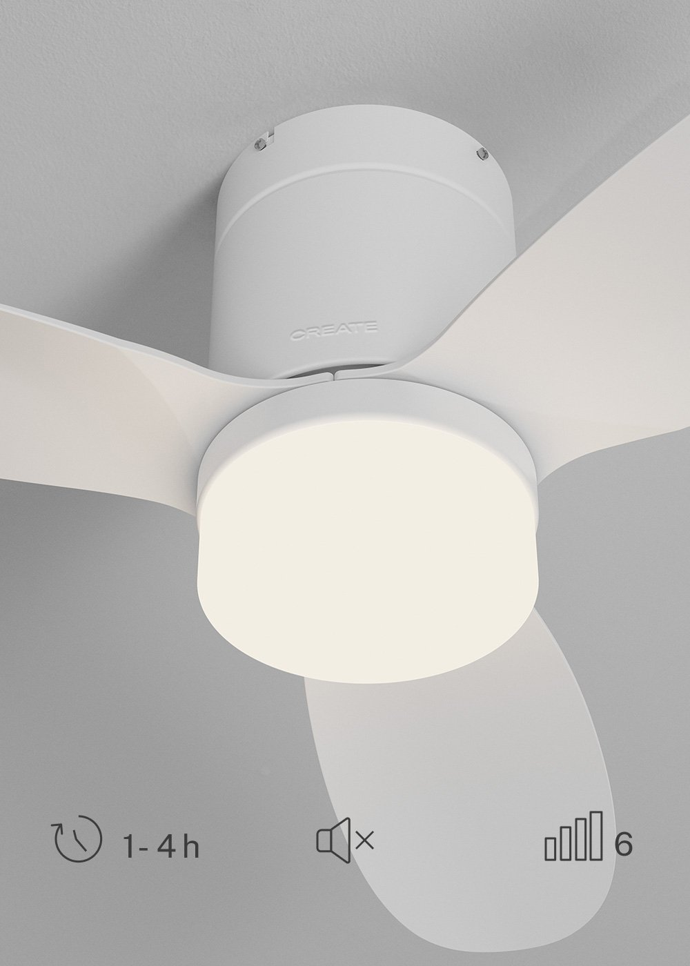 Luz blanca de ventilador de techo con temporizador e iconos de volumen.