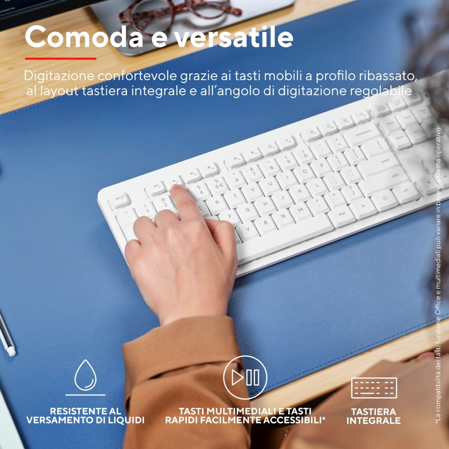 Eine Hand tippt auf einer weißen Tastatur auf einer blauen Matte, mit Text darüber.