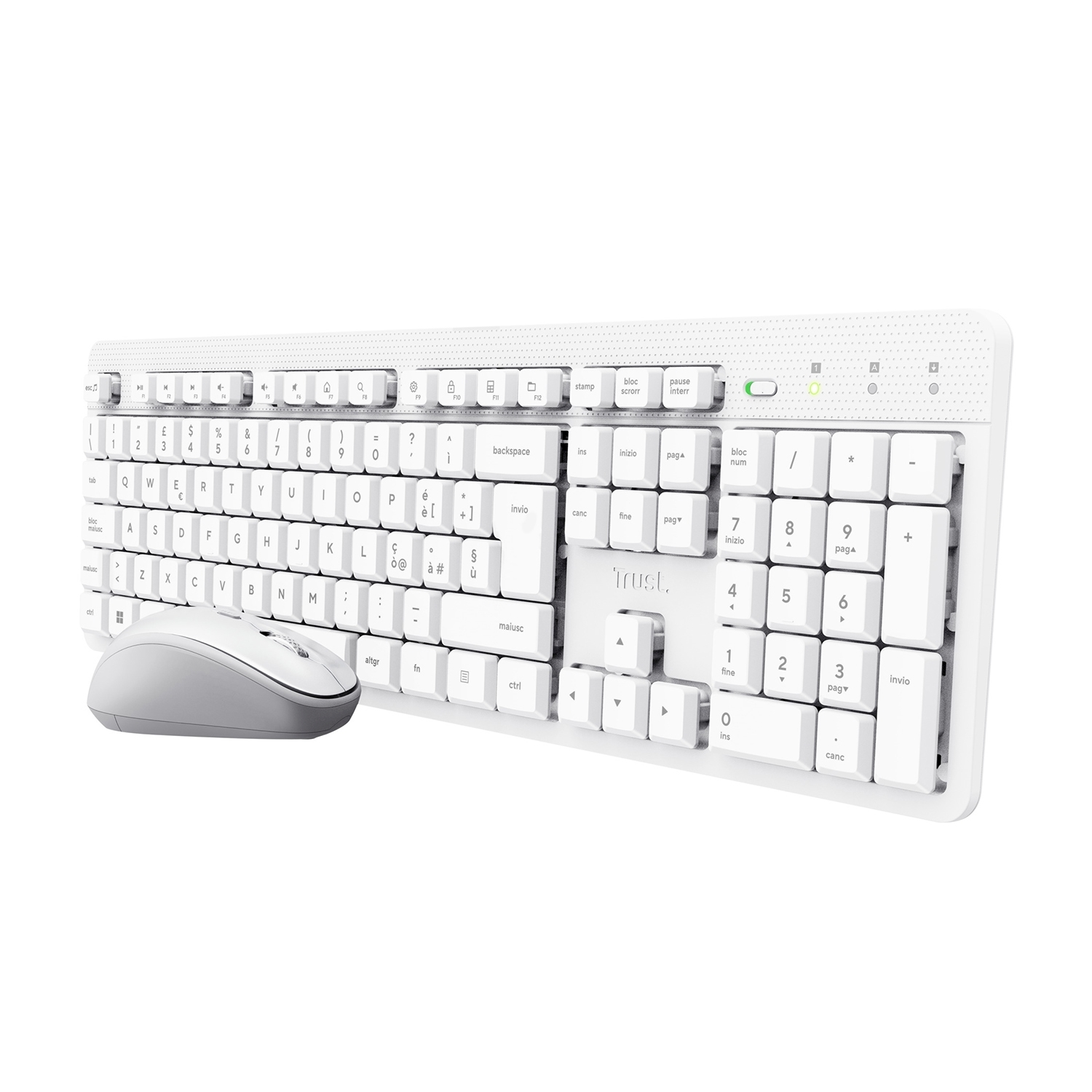 Ein weißes kabelloses Tastatur- und Maus-Set auf weißem Hintergrund.