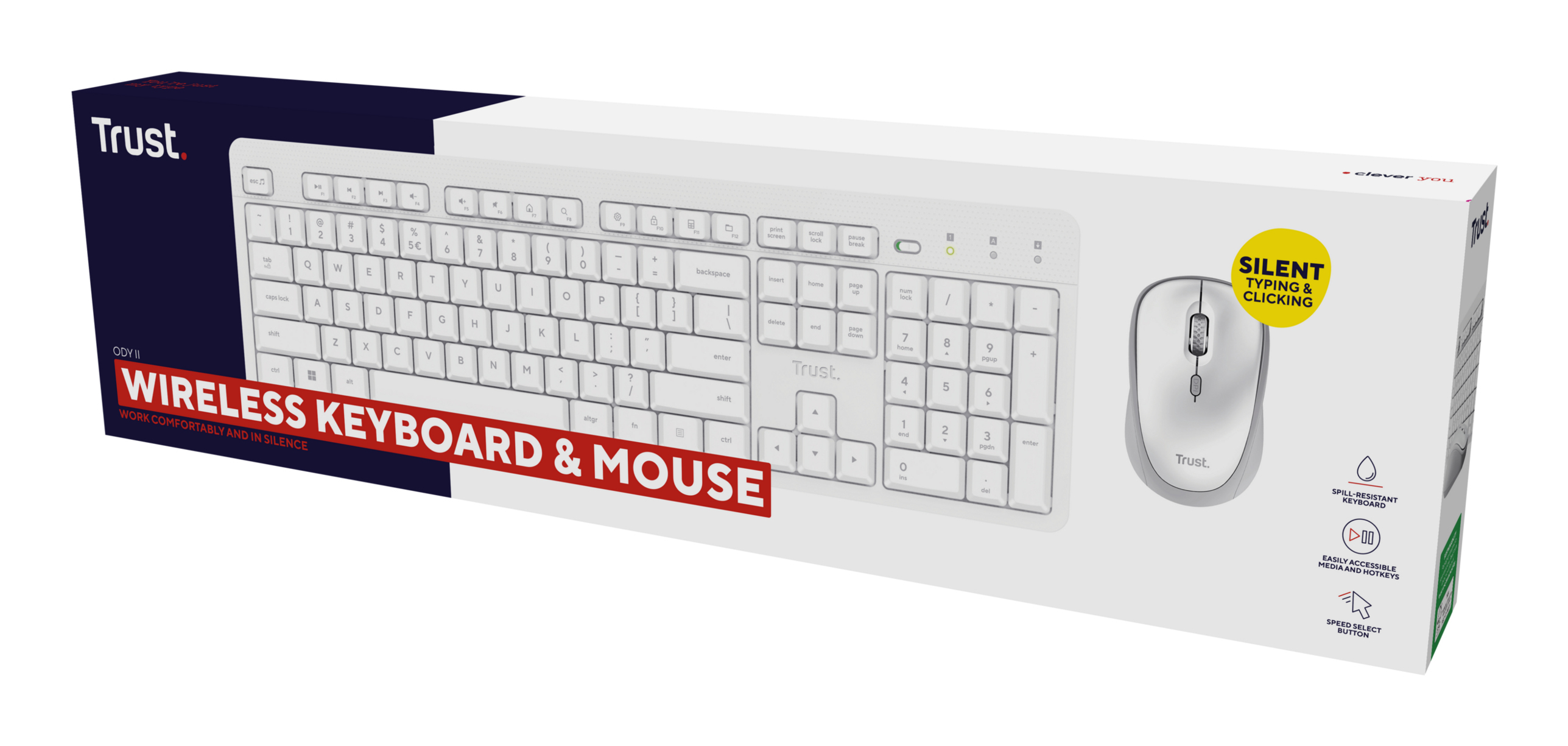 Ein weißes kabelloses Tastatur- und Maus-Set von Trust auf einer Verpackung.