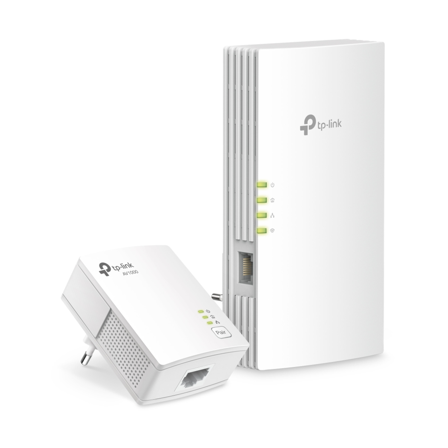 Zwei weiße TP-Link Powerline-Adapter mit LEDs und Ethernet-Anschlüssen.