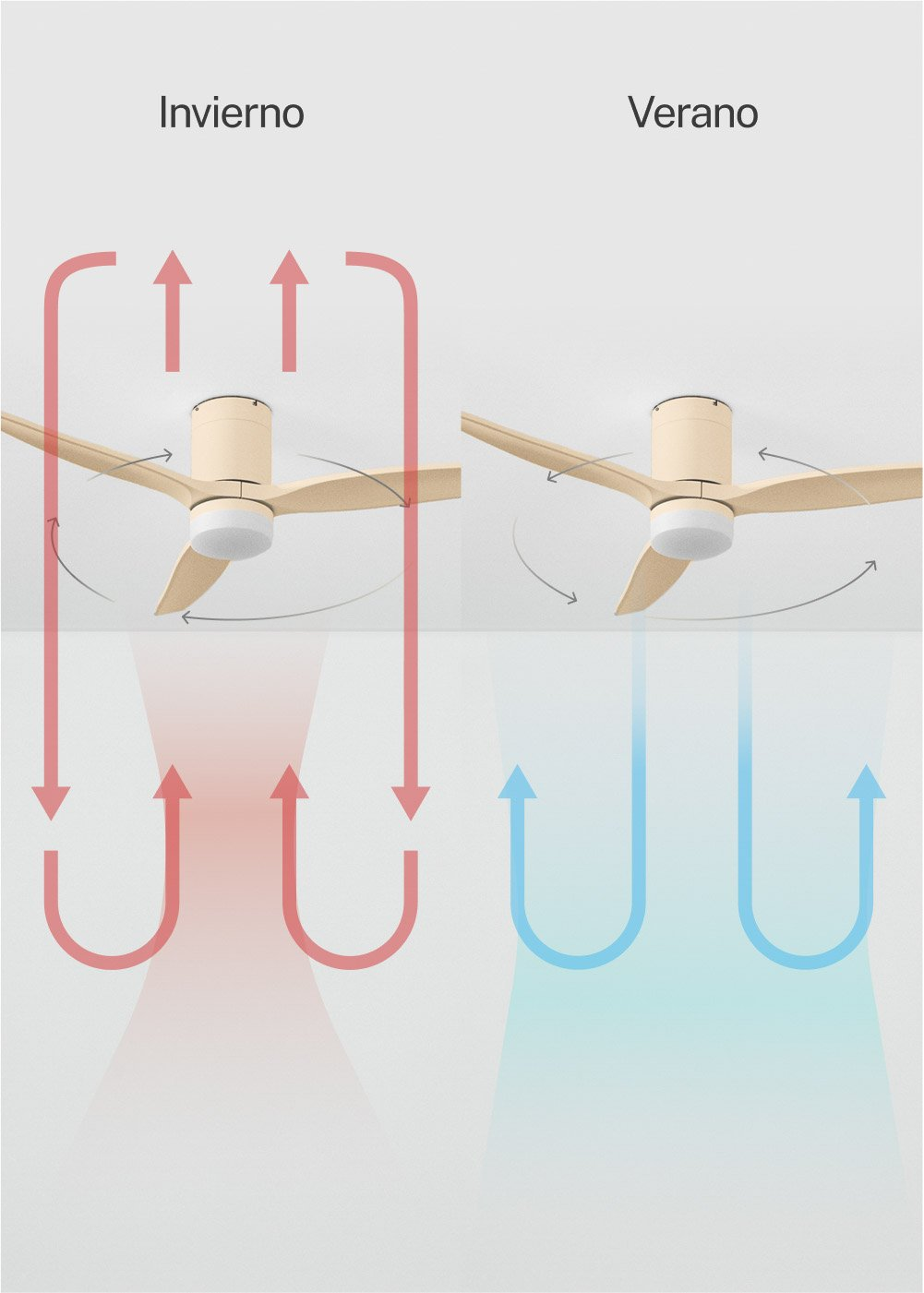 Ventilador de techo en modo invierno (flujo rojo hacia arriba) y modo verano (flujo azul hacia abajo).