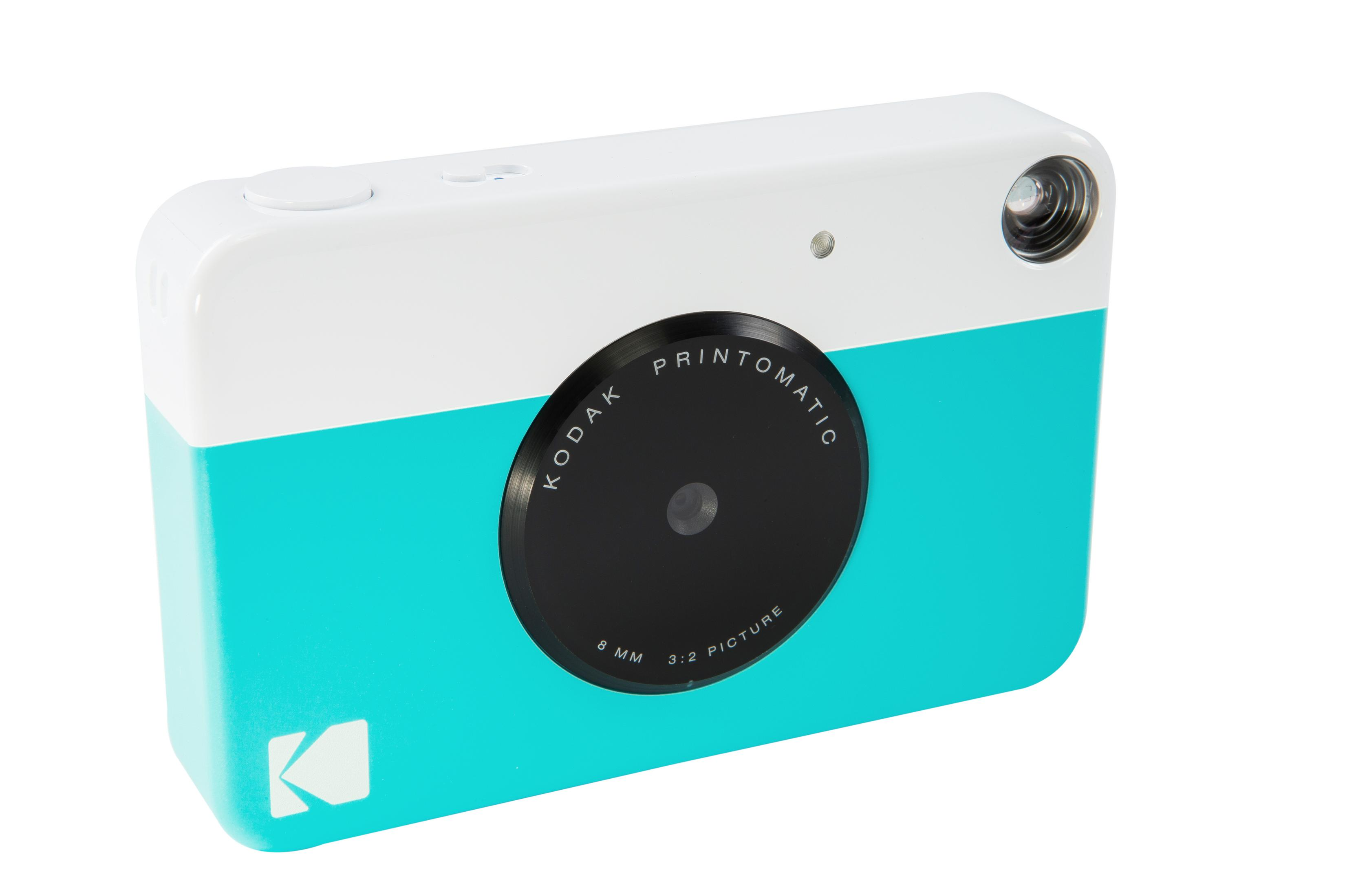 Un appareil photo blanc et turquoise avec objectif noir et logo Kodak.