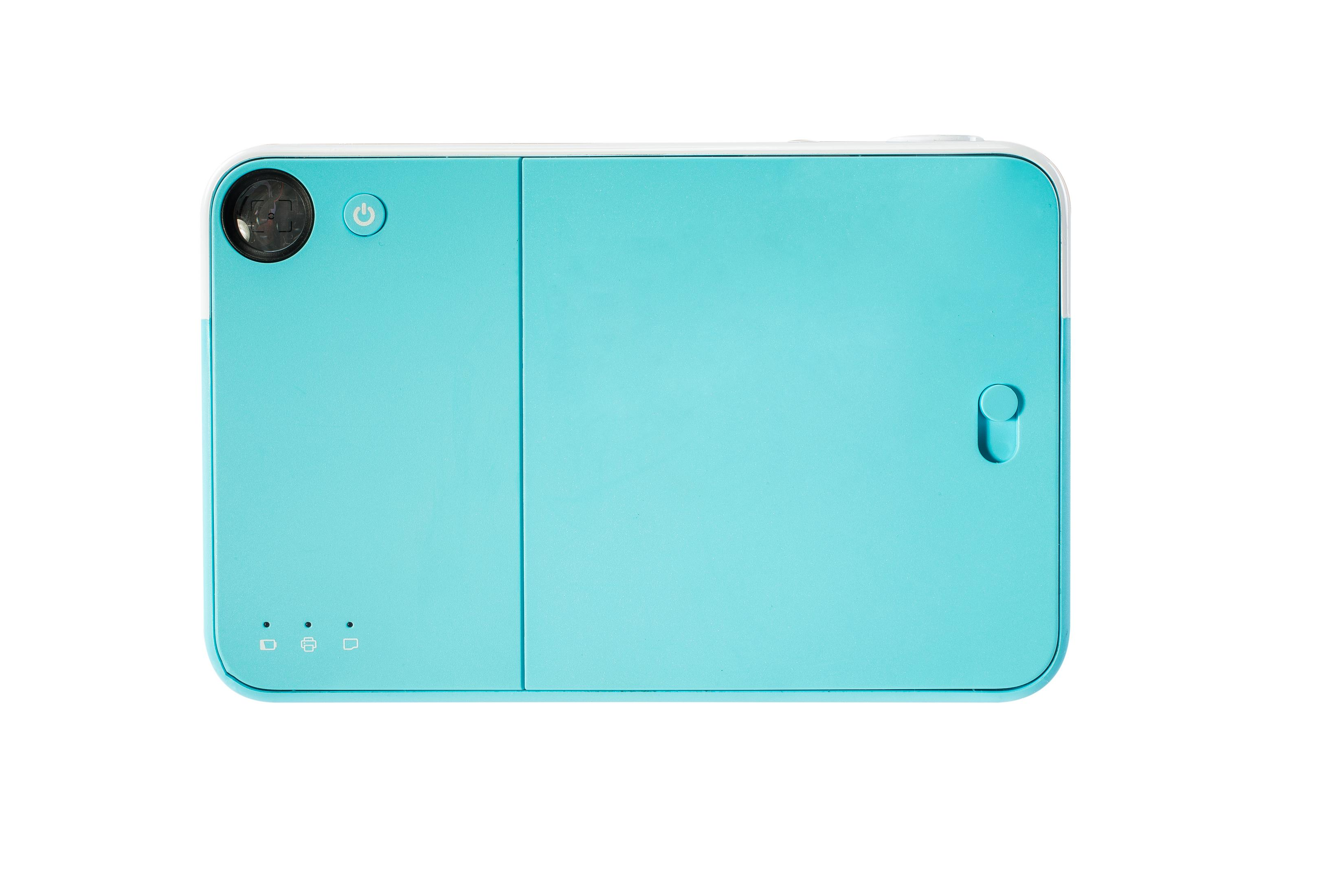 Une imprimante turquoise avec une lentille, un bouton d'alimentation et des voyants.