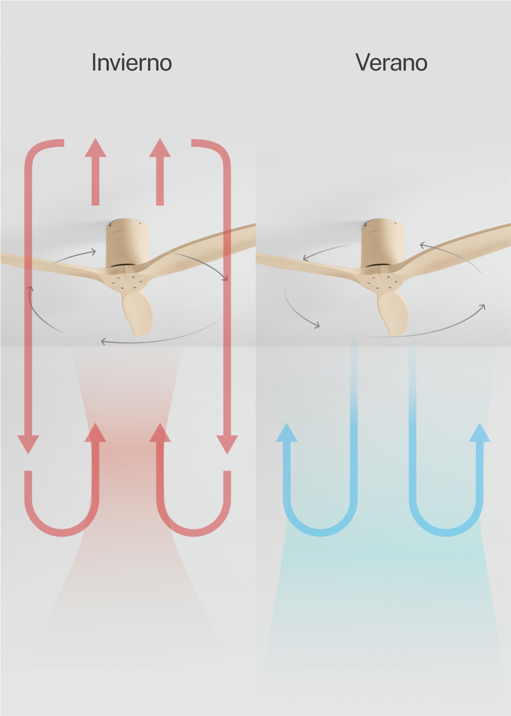 Ventilador de techo: Invierno (rojo) succiona aire, Verano (azul) empuja aire.