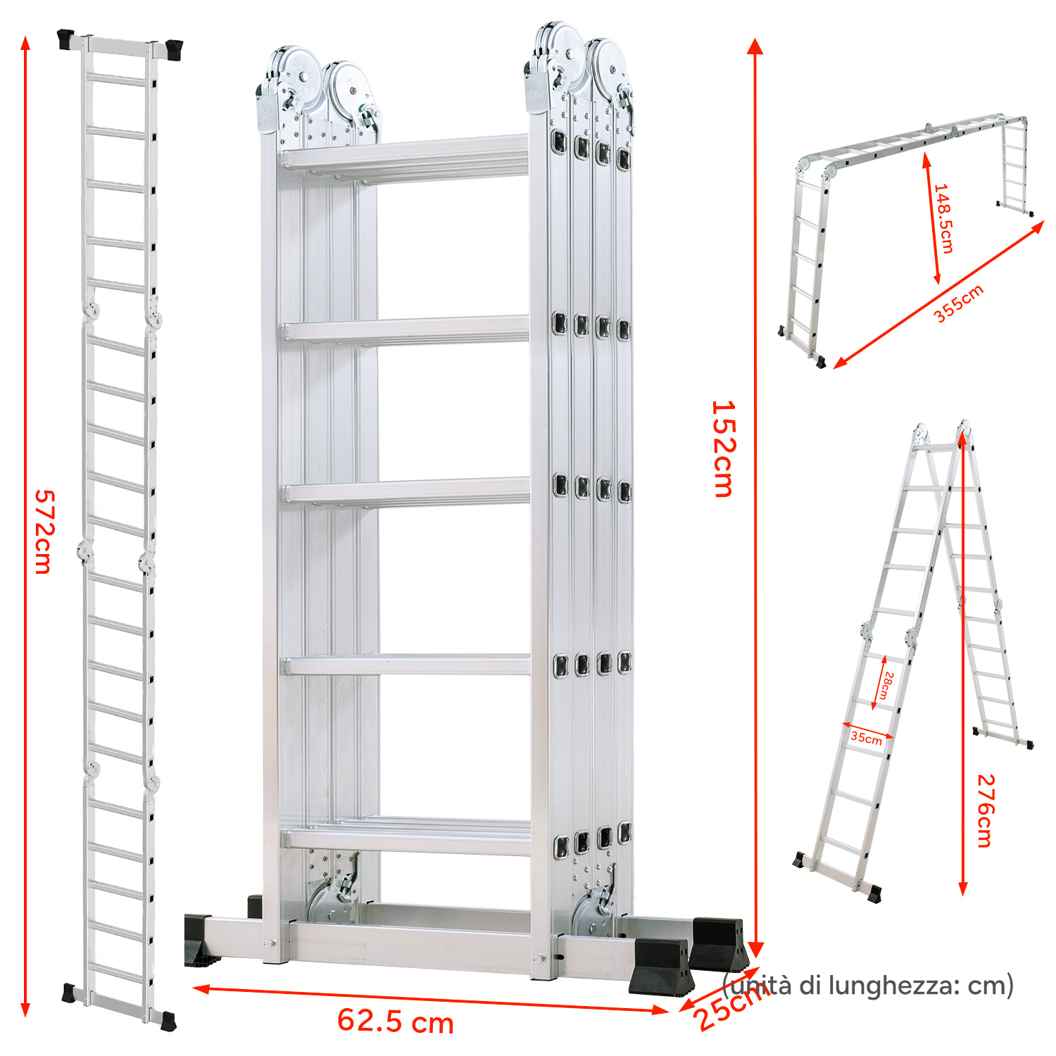Scaletta multiuso in alluminio mostrata in varie configurazioni con dimensioni.