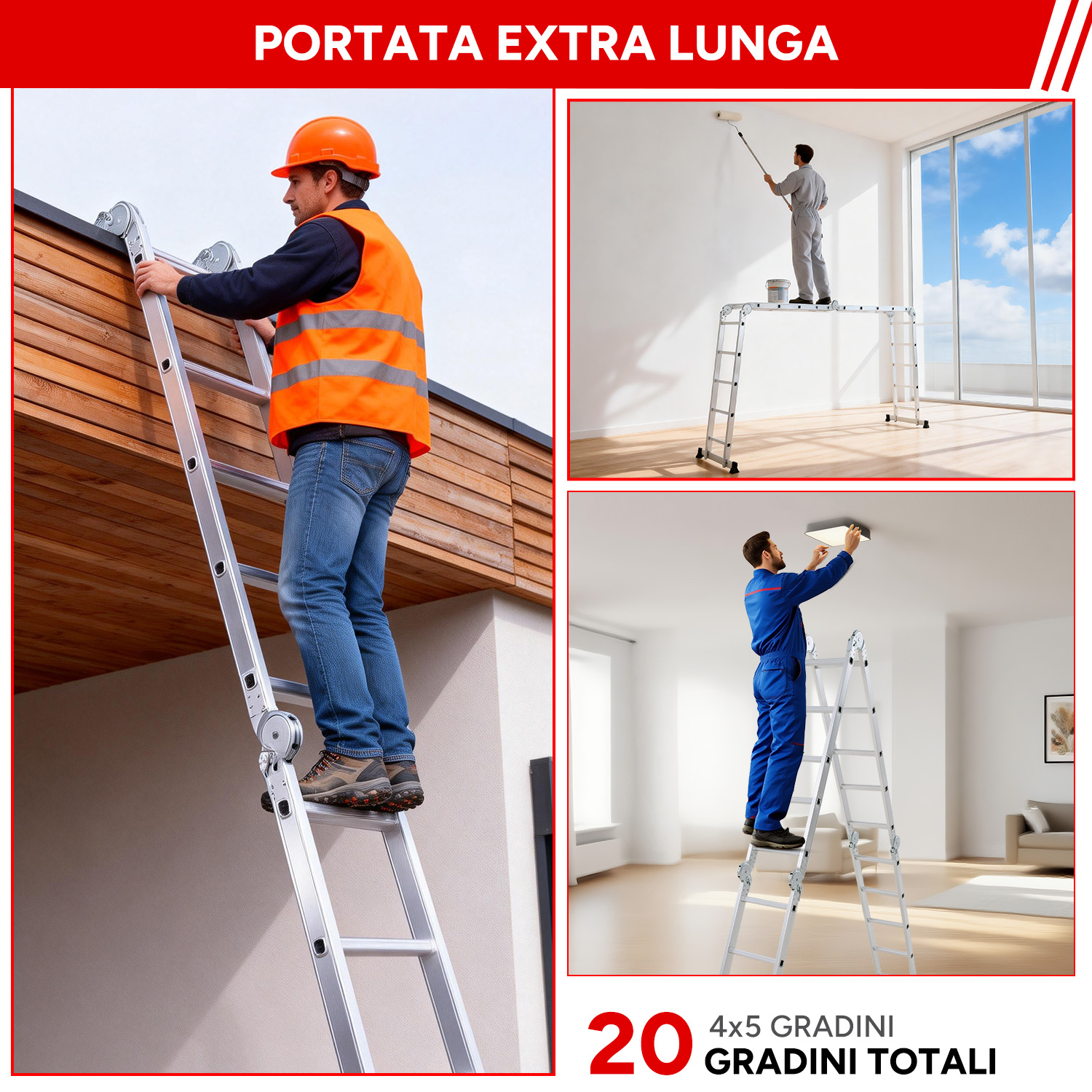 Uomo su scala a casa, pittore su scala in stanza, elettricista su scala a soffitto.