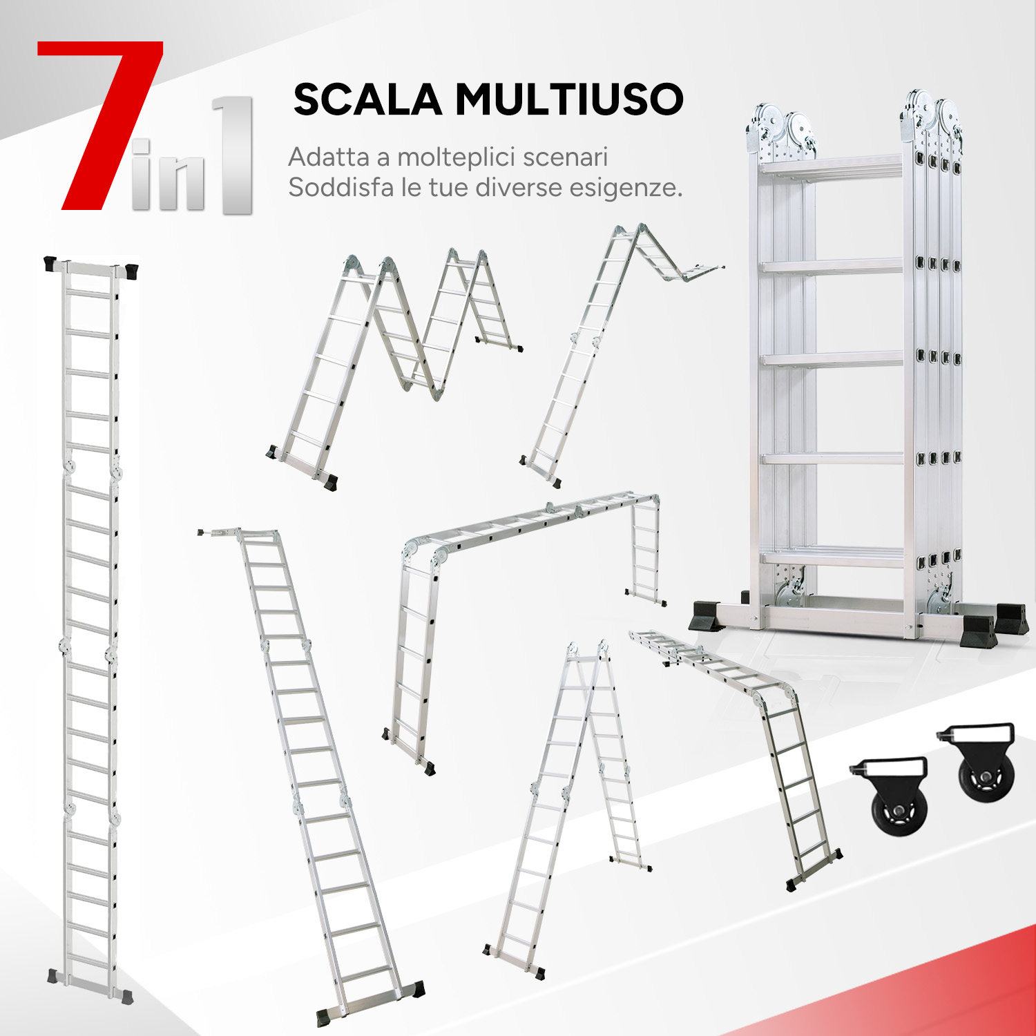 Scala multiuso mostrata in varie configurazioni, con ruote.