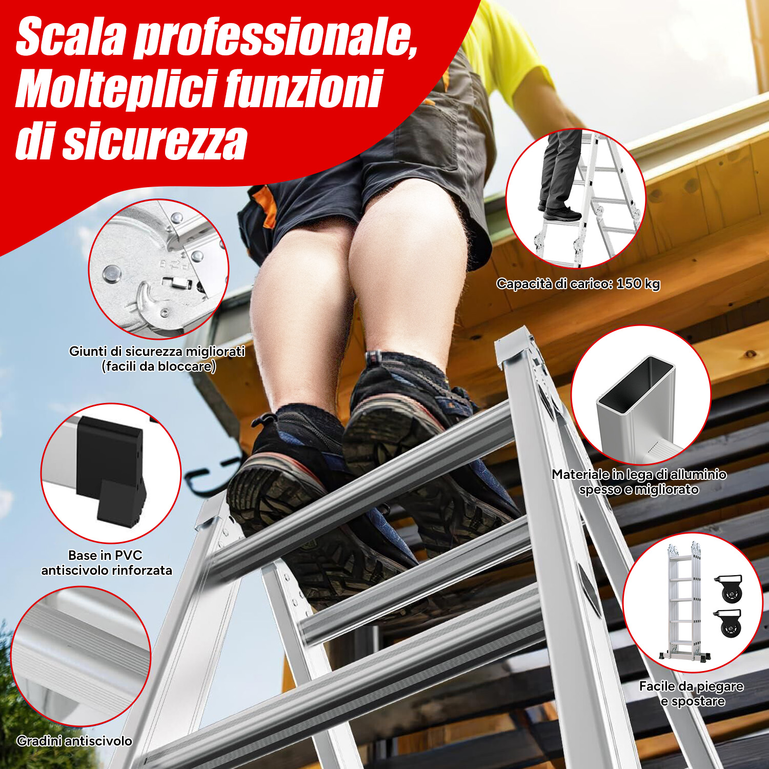 Una persona sale su una scala professionale in alluminio con molteplici funzioni di sicurezza.