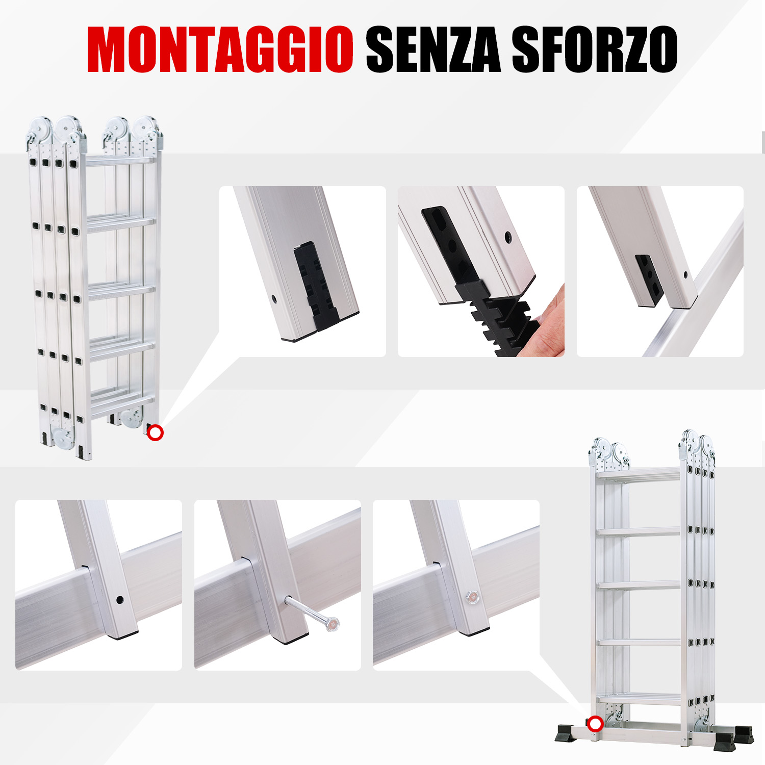 Un telaio di scala in alluminio estensibile con primi piani dei suoi giunti.