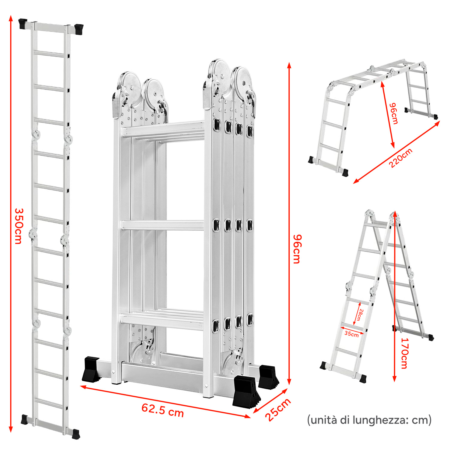 Una scala multiuso estensibile in alluminio con dimensioni.