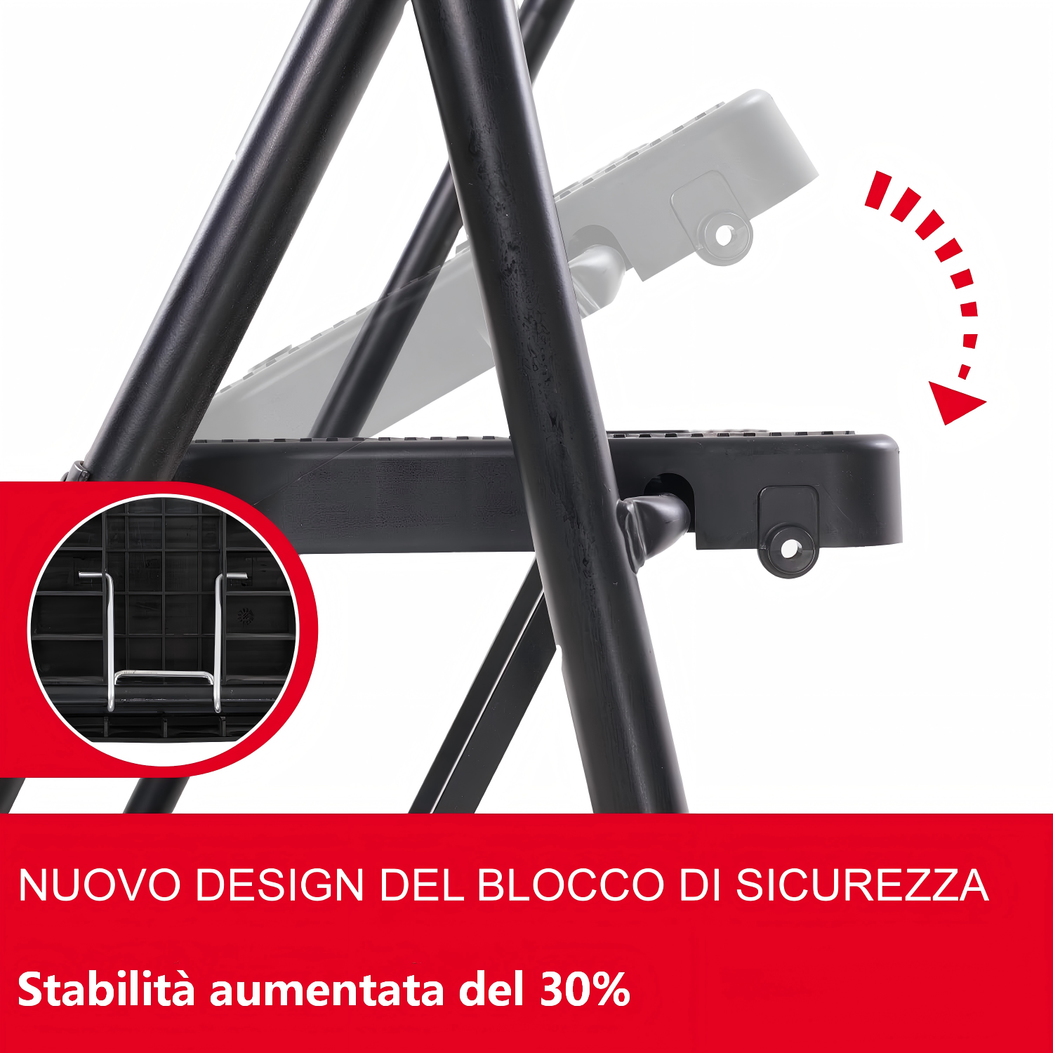 Struttura in metallo nero con pedana pieghevole e grafica a freccia rossa.