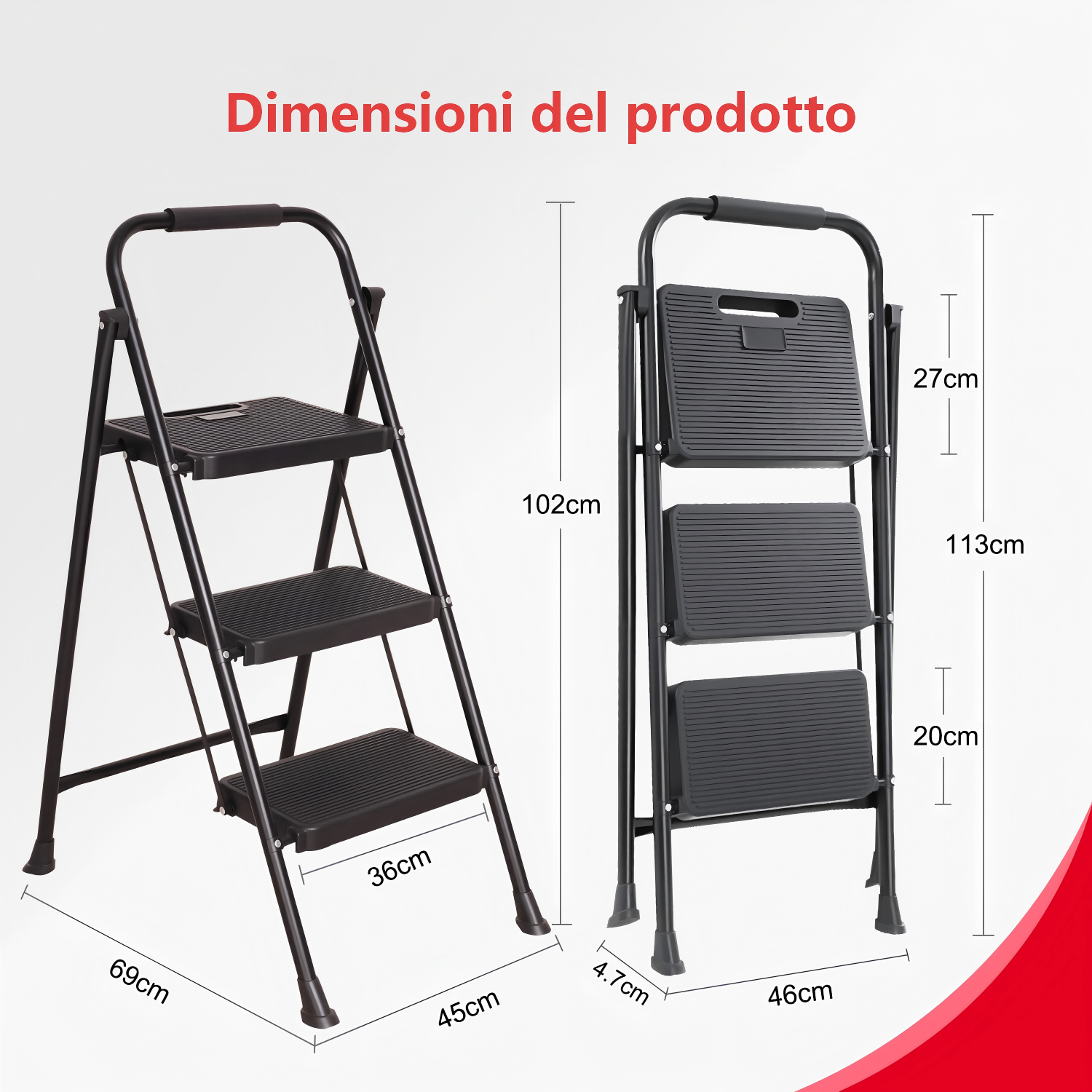 Sgabello pieghevole nero a tre gradini, con dimensioni.