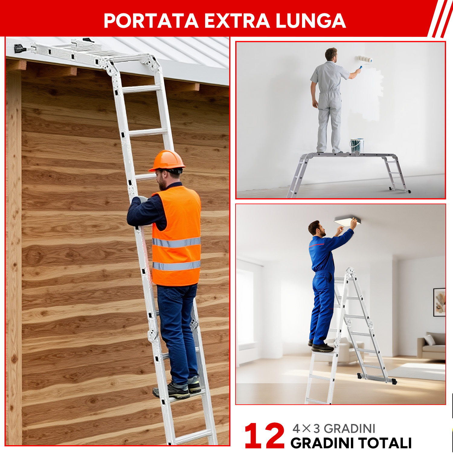 Uomo su scala davanti muro legno. Uomo dipinge muro. Uomo ripara lampadario.