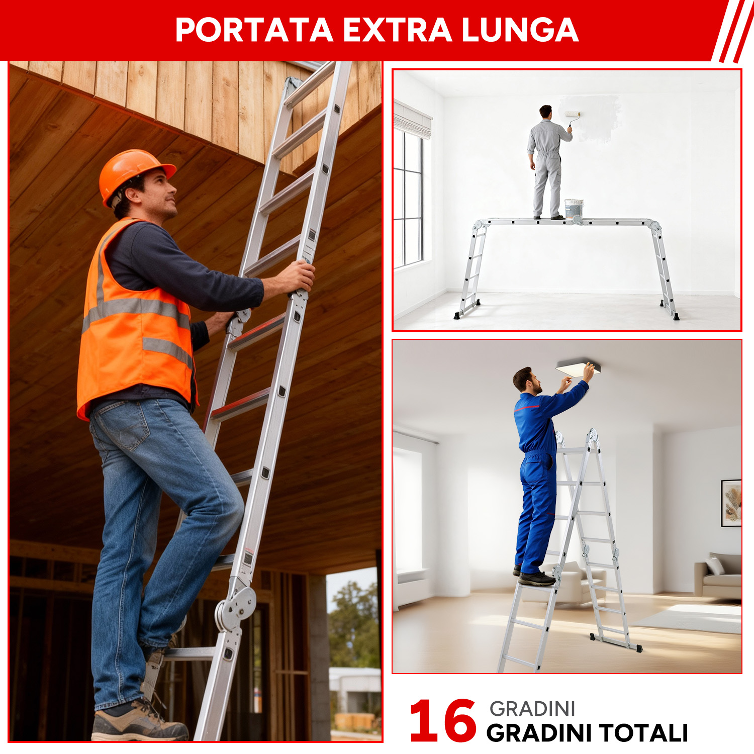 Uomo su scala cantiere, uomo dipinge muro, uomo ripara lampada soffitto.