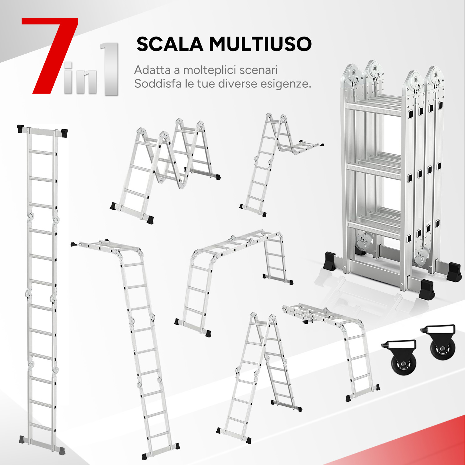 Scala multiuso in varie configurazioni, con testo e accessori ruote.