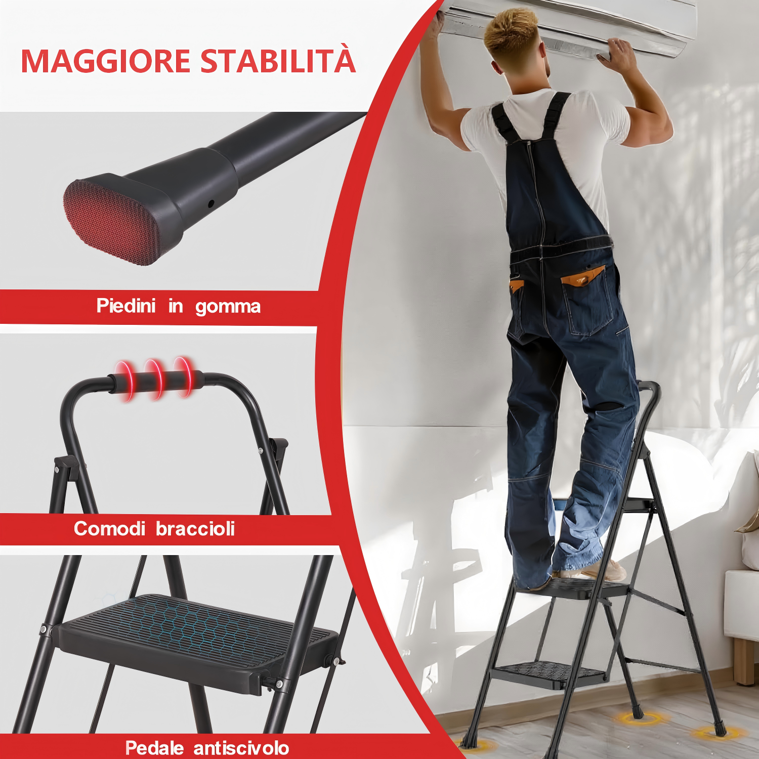Uomo su scala a pioli ripara condizionatore. Mostra piedini in gomma, maniglia e gradini antiscivolo.