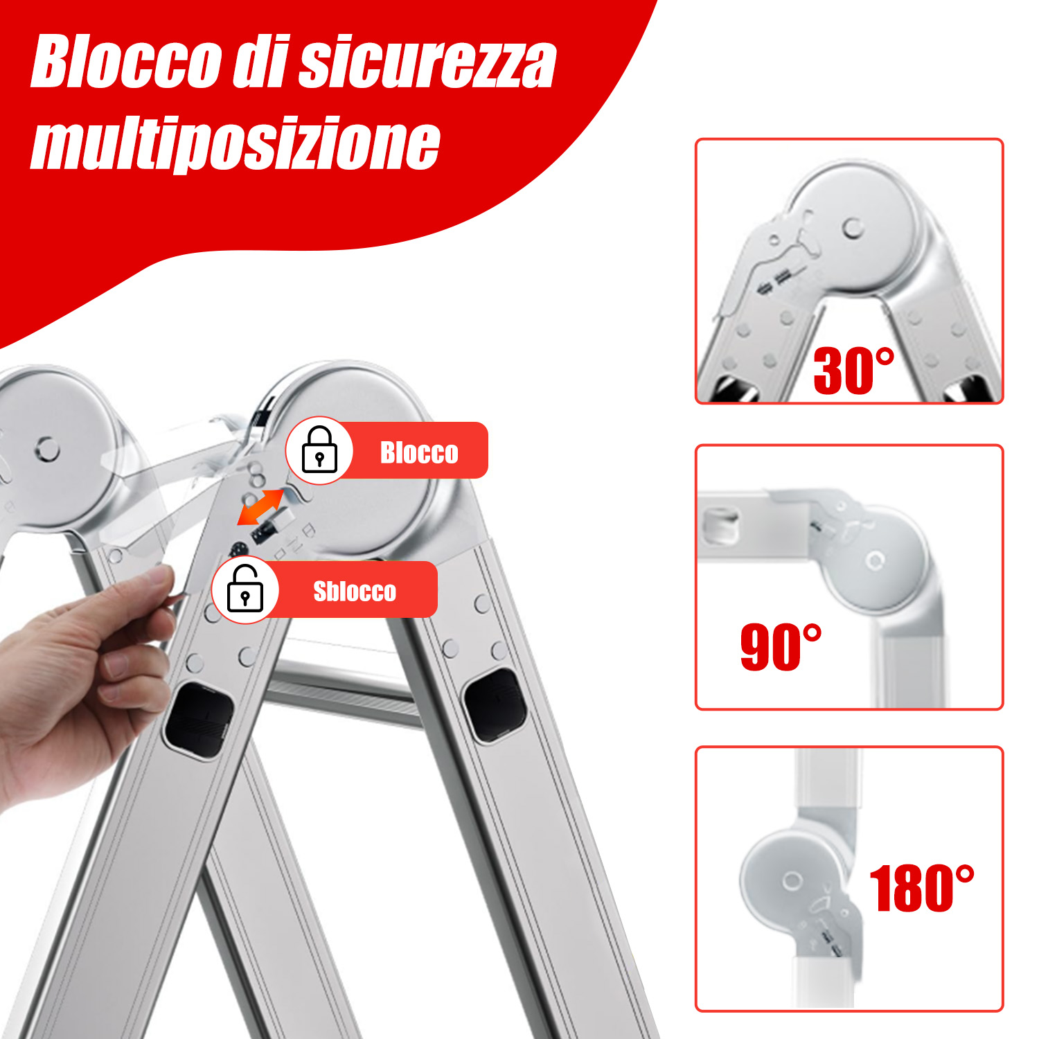 Primo piano di un blocco di sicurezza multiposizione su una scala, che mostra angoli di 30, 90 e 180 gradi.