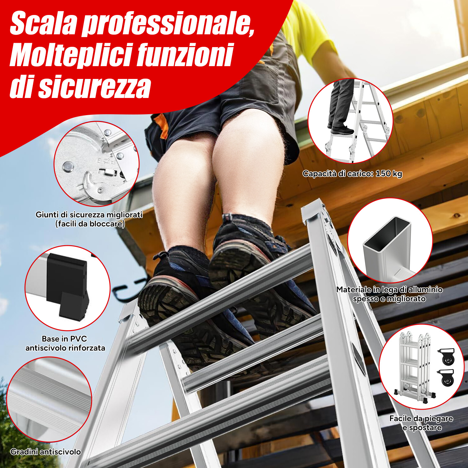Una persona sta su una scala in alluminio con caratteristiche di sicurezza.
