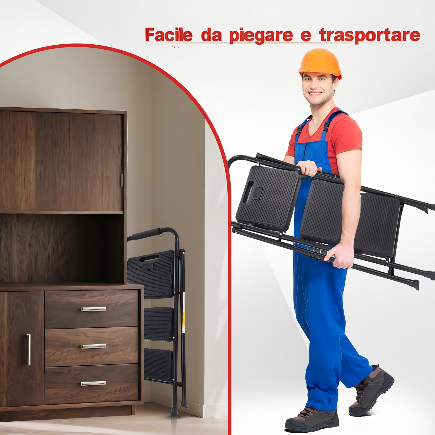 Un uomo in tuta blu e casco arancione porta una scala piegata.