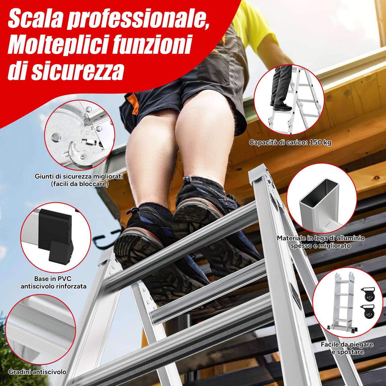 Una persona in piedi su una scala professionale in alluminio con caratteristiche di sicurezza.
