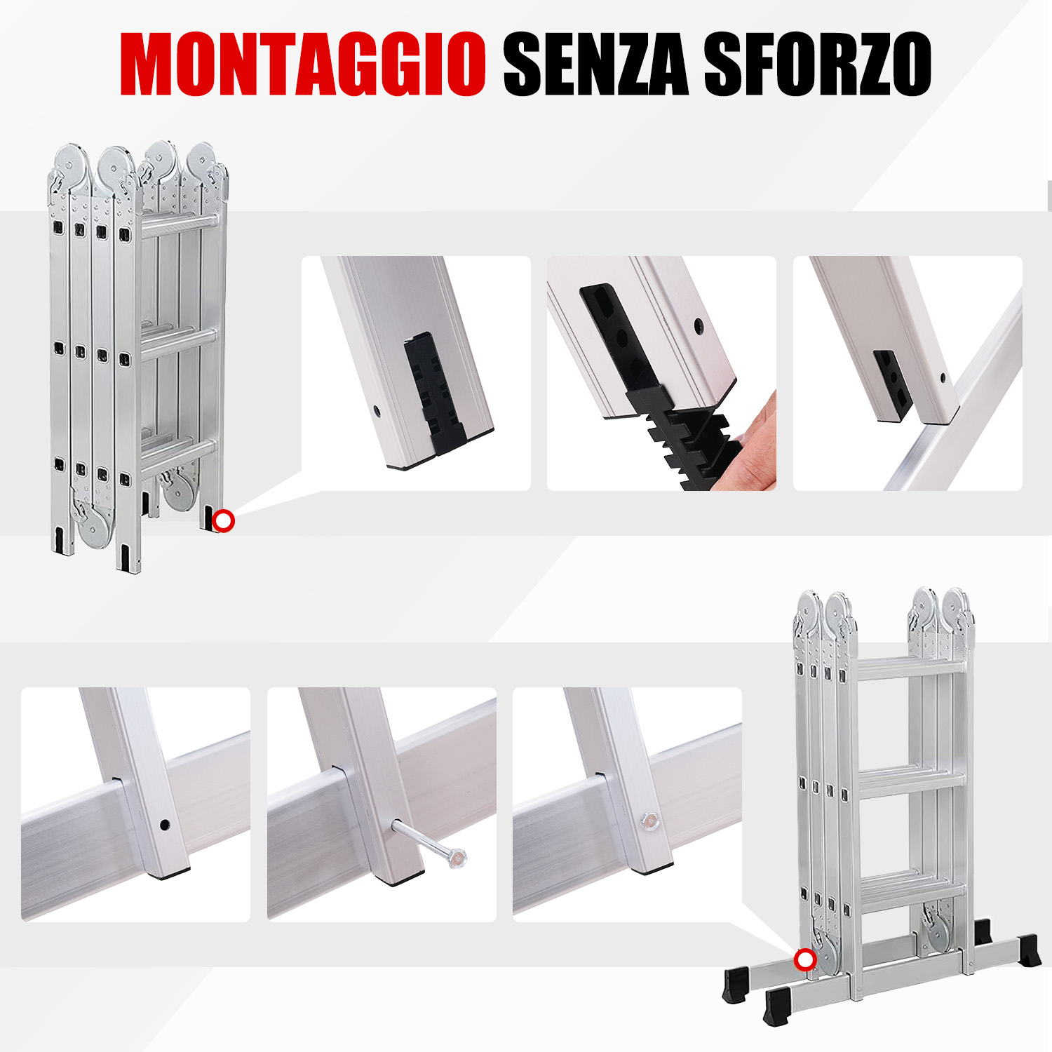Una scala pieghevole in alluminio con dettagli di montaggio.