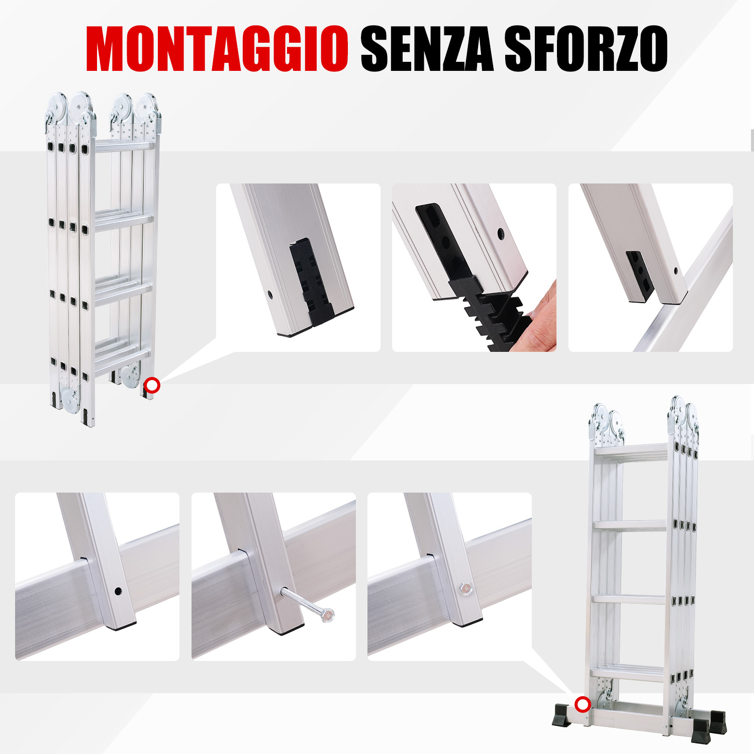 Scaletta multiuso in alluminio pieghevole con viste dettagliate e istruzioni.