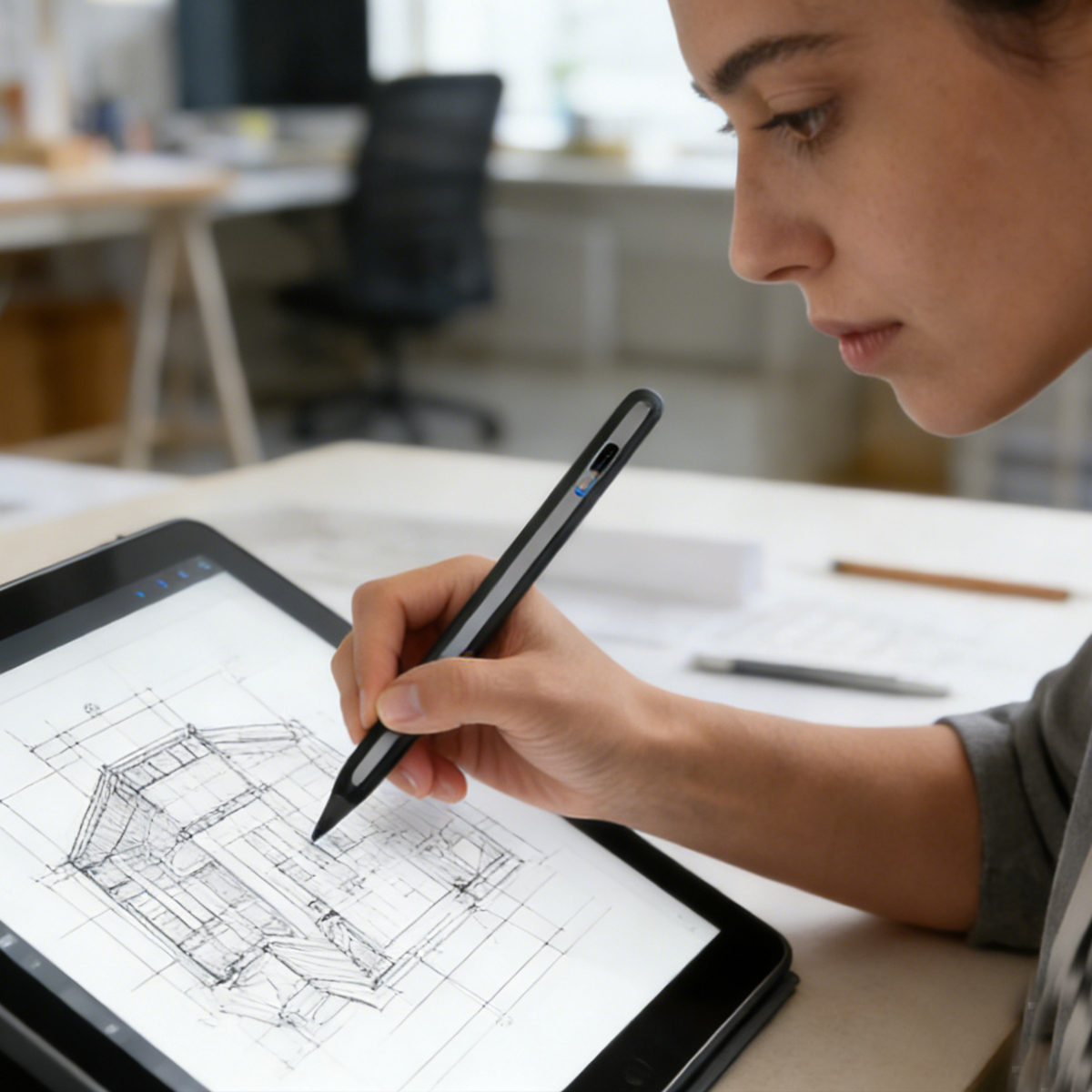 Eine Person zeichnet mit einem Stift auf einem Tablet ein Haus.