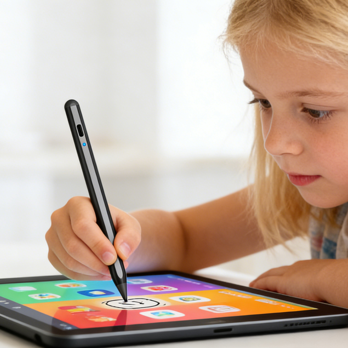 Ein Mädchen benutzt einen Stift auf einem Tablet, um eine App zu bedienen.