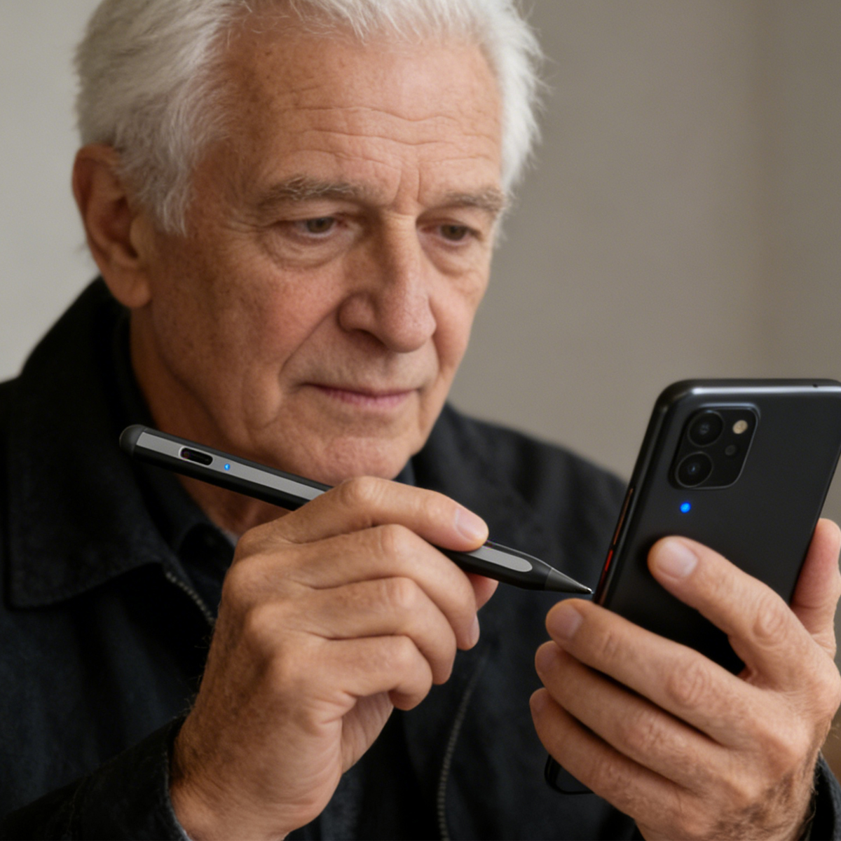 Älterer Mann mit grauem Haar benutzt einen Stift und ein Smartphone.