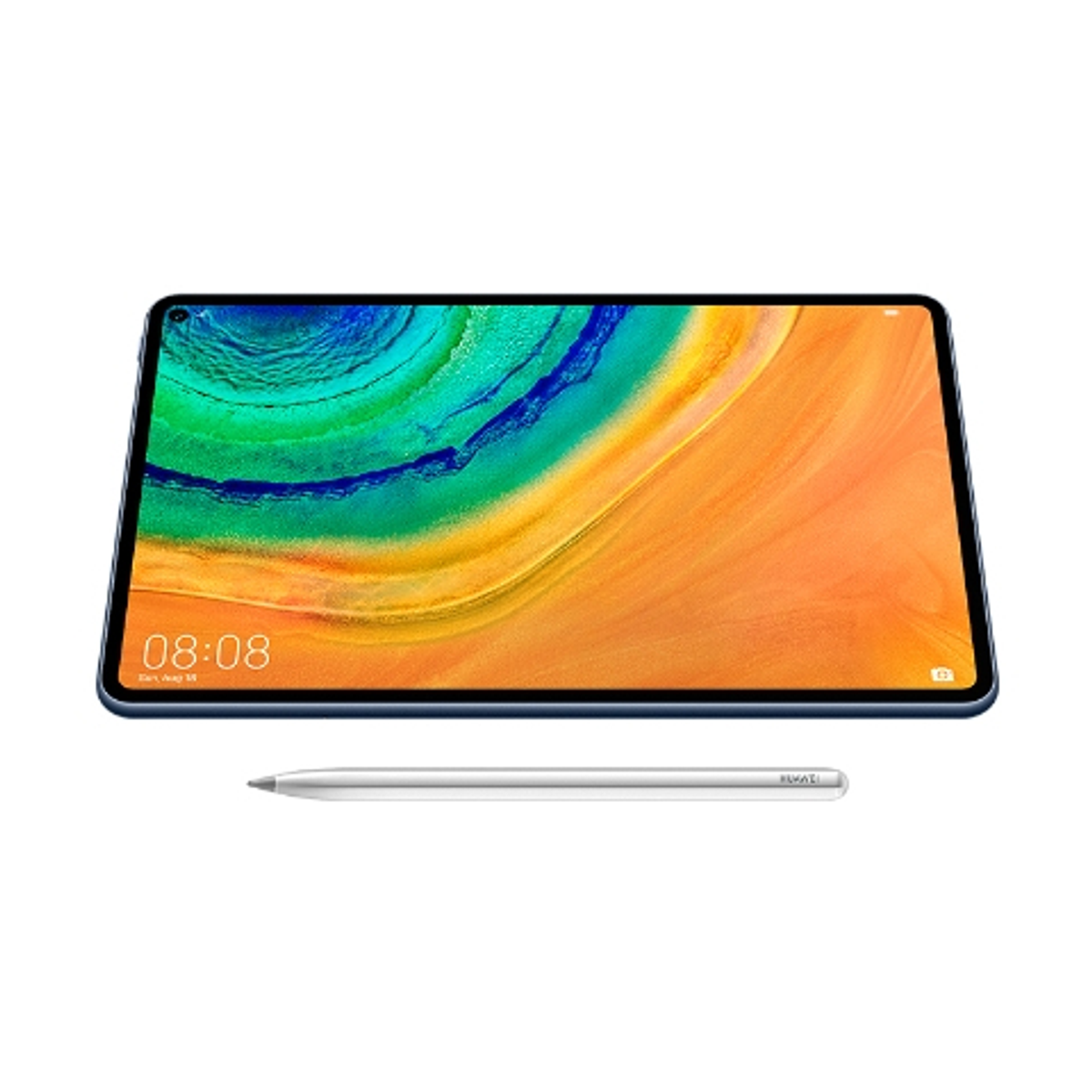 Ein dunkles Tablet mit einem bunten Hintergrundbild und einem silbernen Stift.