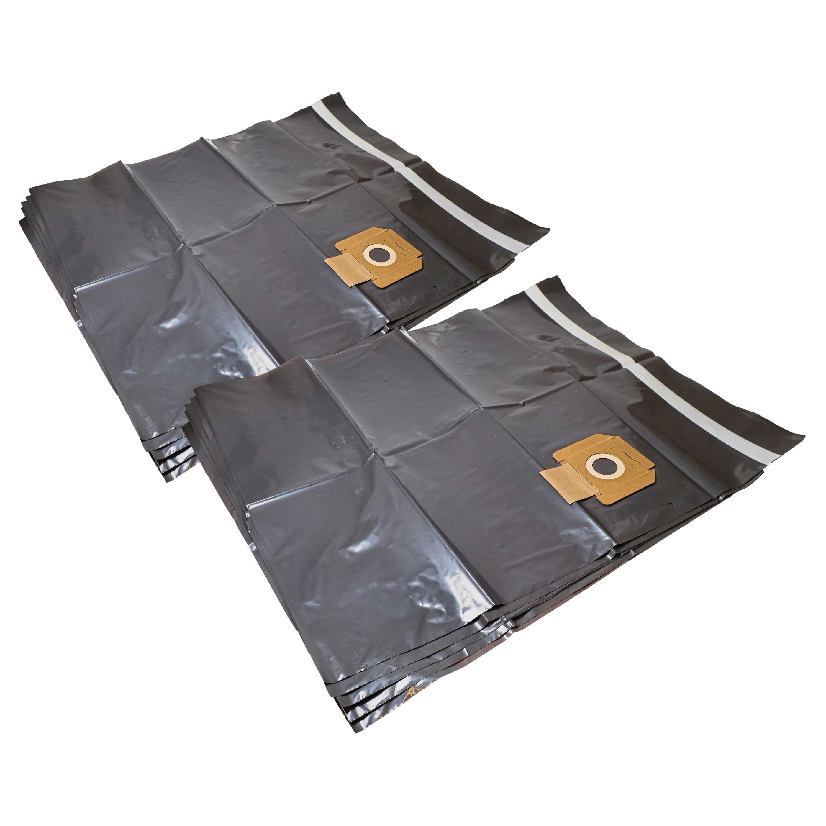 Zwei Packungen schwarze Staubsaugerbeutel mit braunen Pappadaptern und weißem Rand.