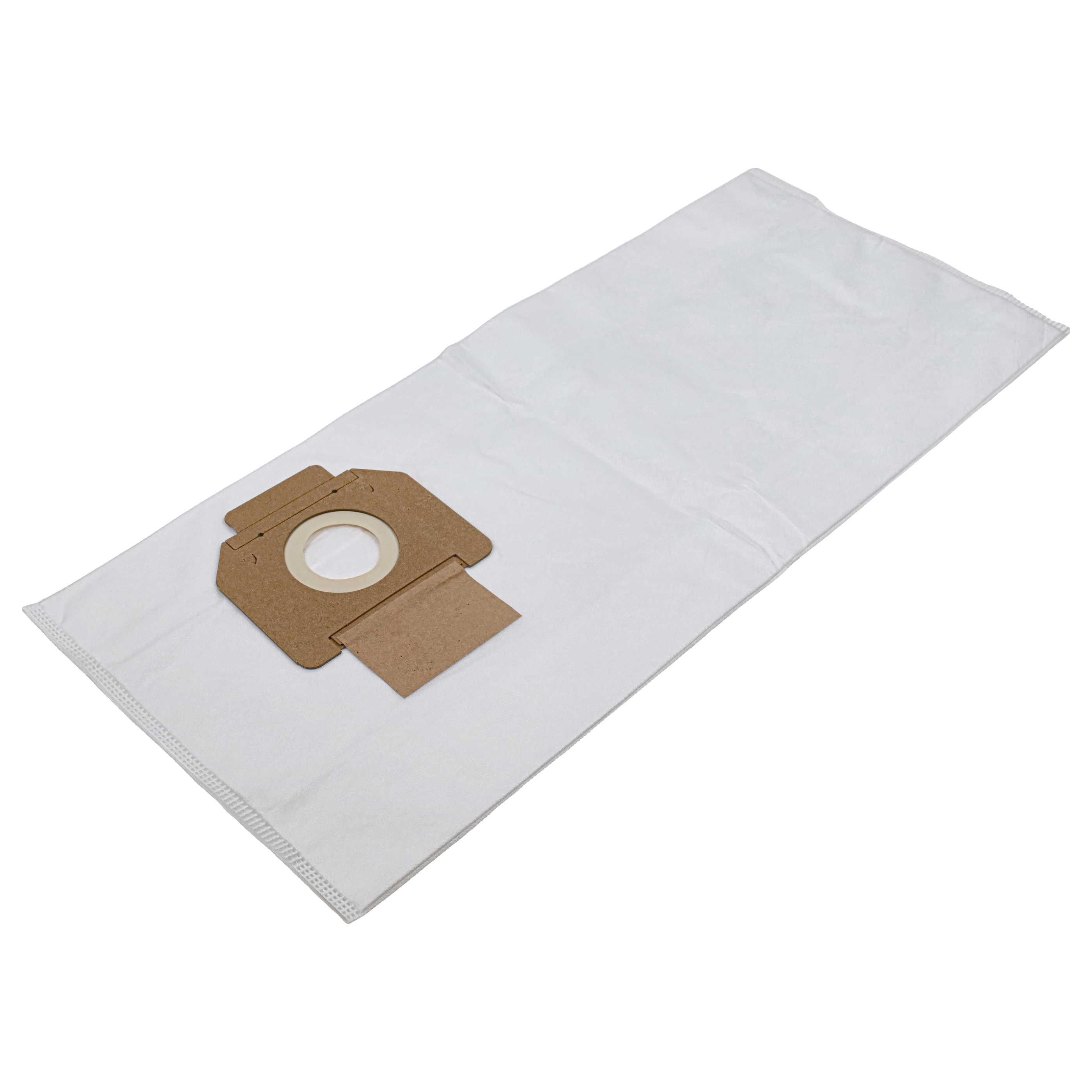 Ein weißer Staubsaugerbeutel aus Papier mit braunem Anschluss.