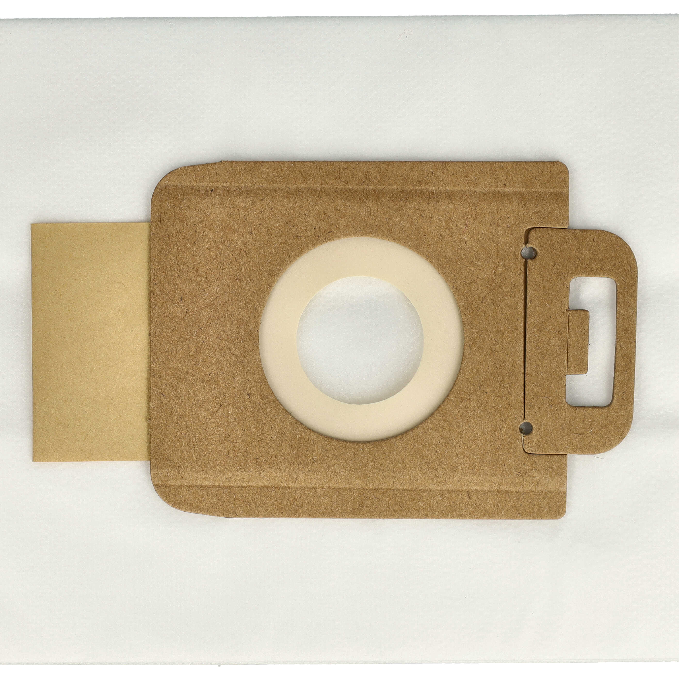 Ein brauner Staubsaugerbeutel mit einem kreisförmigen Ausschnitt und einem beige-farbenen Ring.