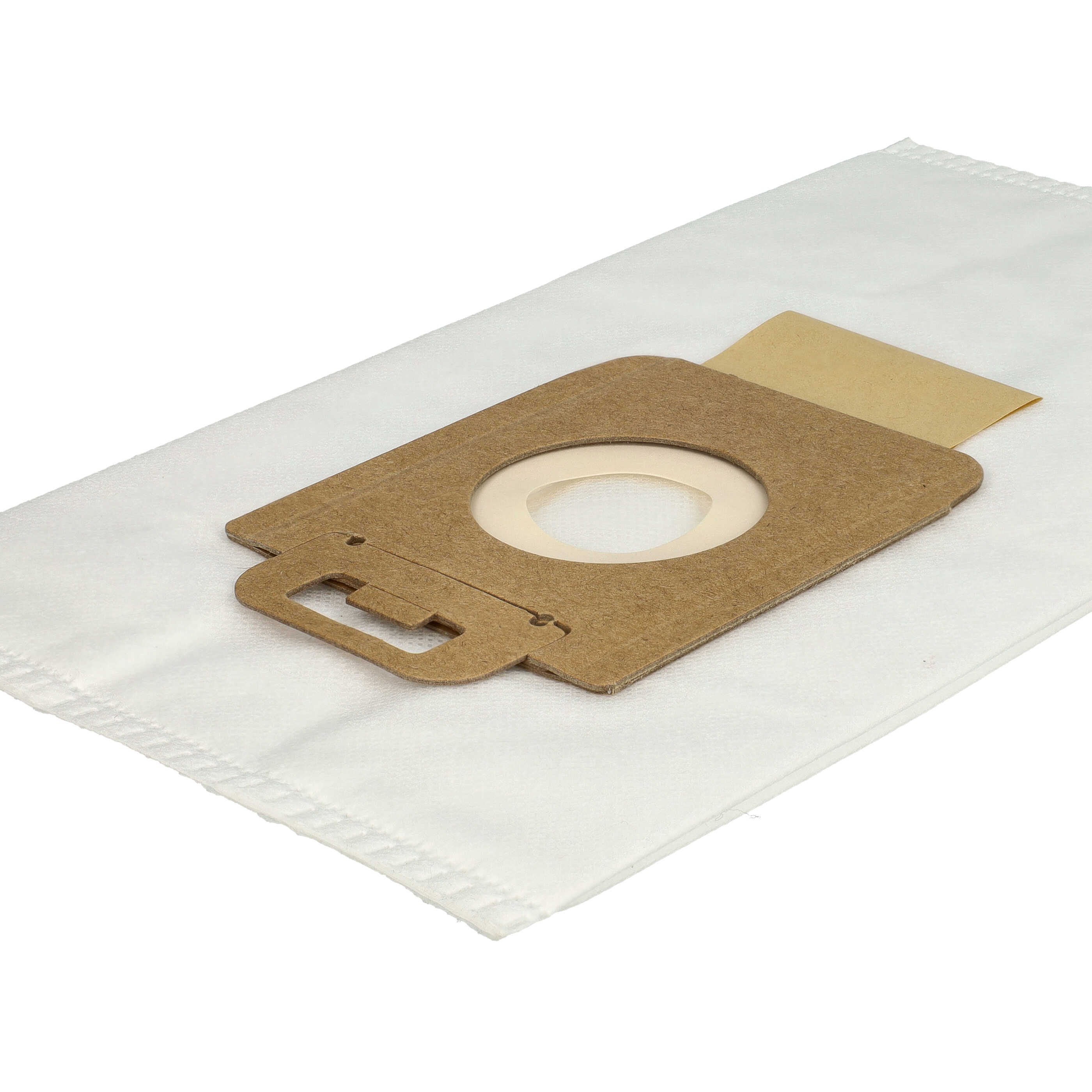 Ein weißer Staubsaugerbeutel aus Papier mit brauner Pappe und rundem Ausschnitt.