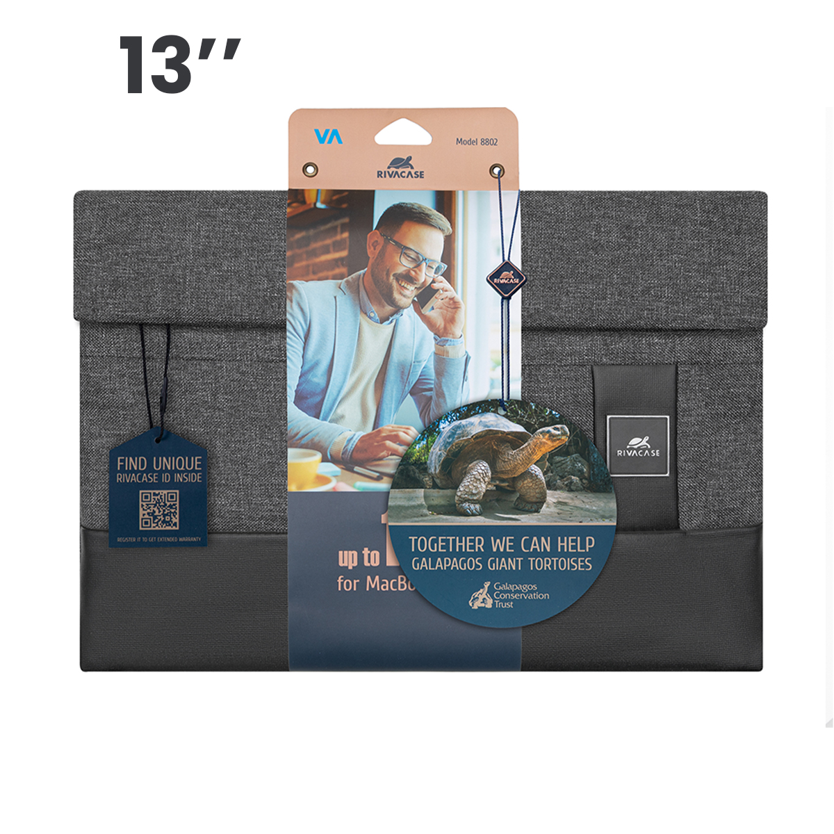 Graue Laptoptasche 13 Zoll mit Mann, der telefoniert, und Schildkröte.