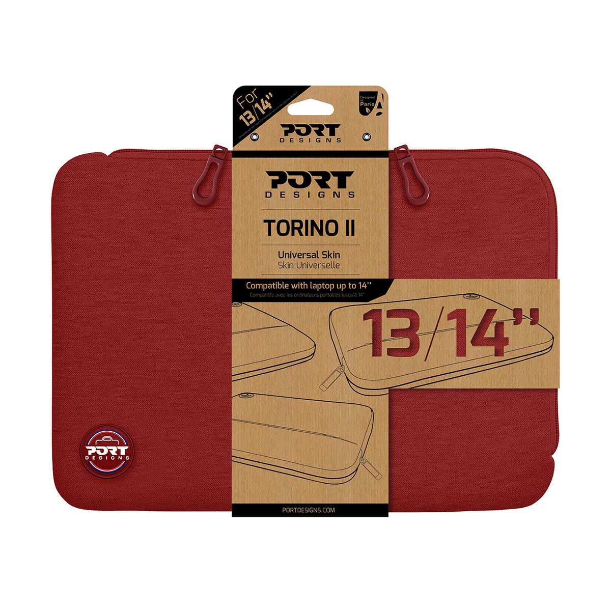 Funda roja para portátil Port Designs Torino II, para portátiles de 13/14 pulgadas.