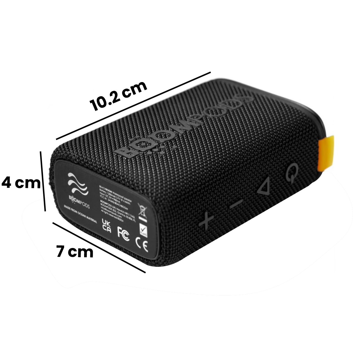 Czarny głośnik BOOMPODS o wymiarach 10,2x7x4cm.