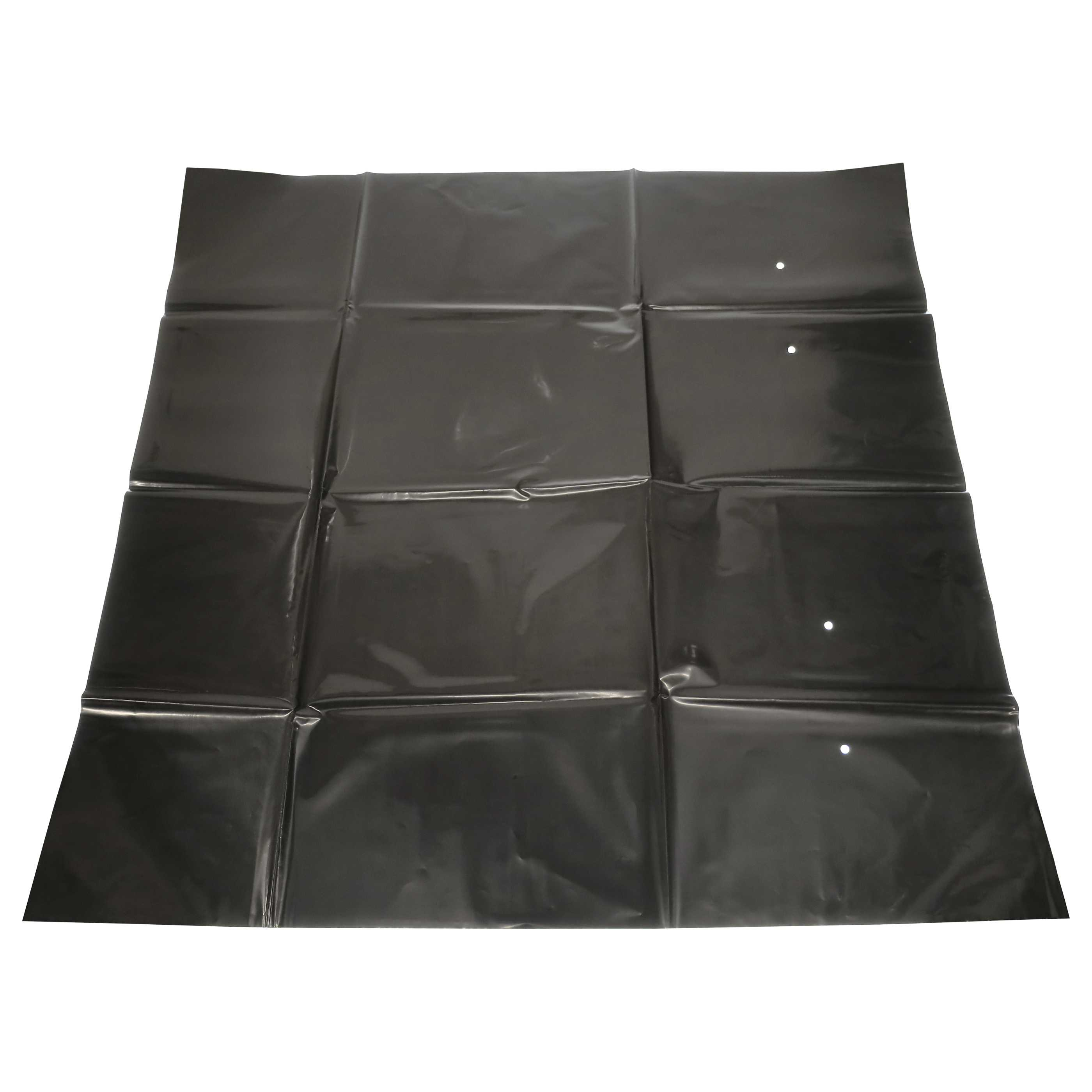 Eine auf dem Boden ausgebreitete schwarze, rechteckige Plastikplane mit Falten.