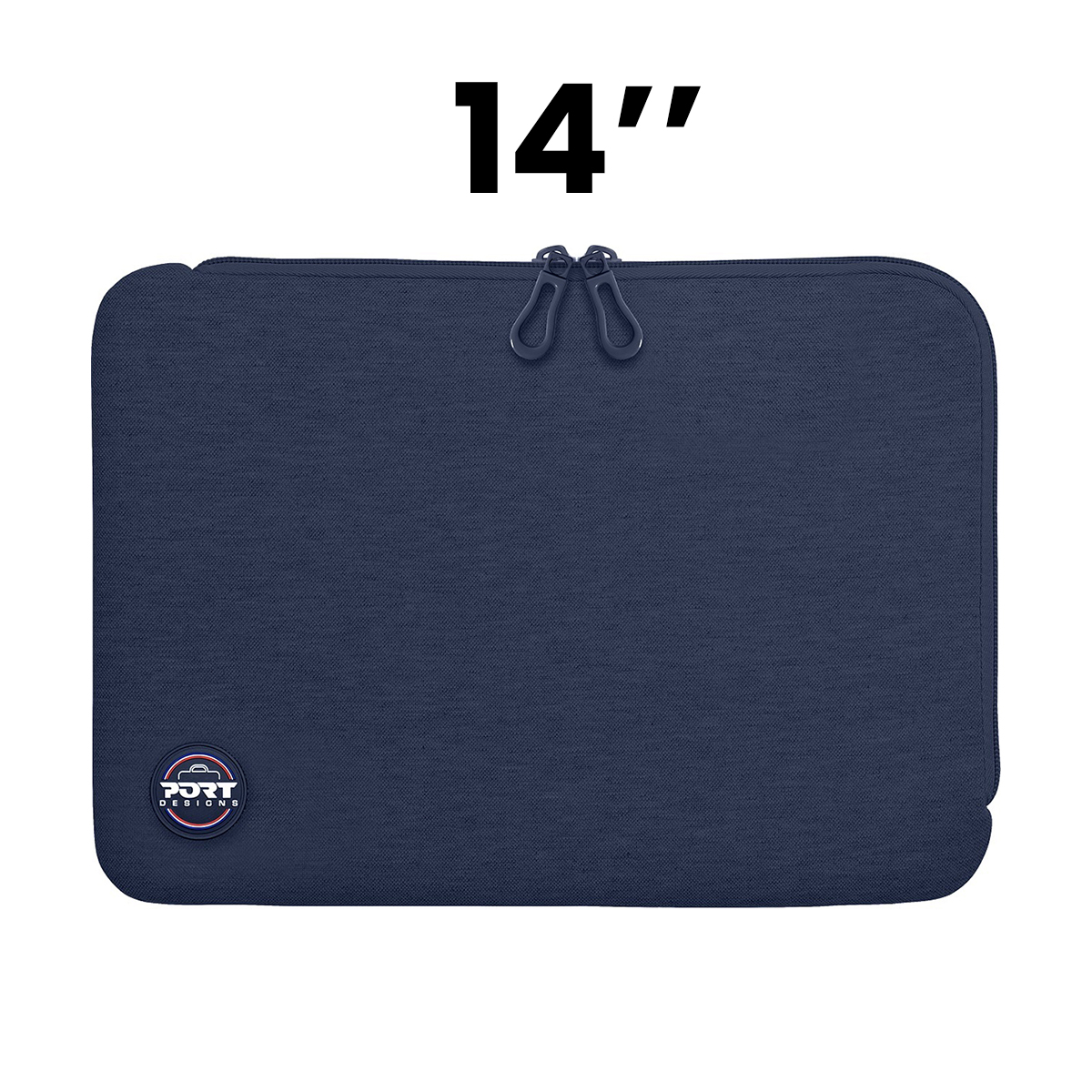 Custodia blu scuro per laptop da 14 pollici con due tiretti e logo.