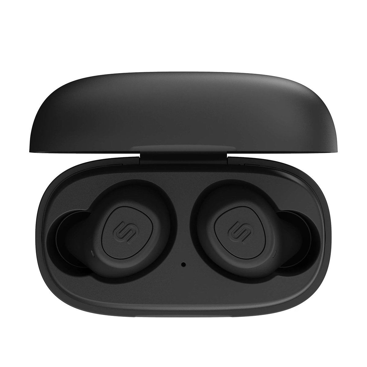 Czarne etui ładujące z dwoma bezprzewodowymi słuchawkami w środku. Pokrywa otwarta.