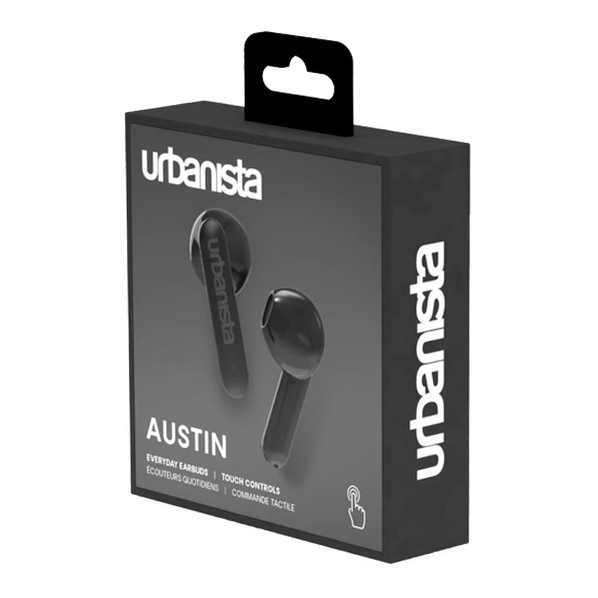 Czarne słuchawki Urbanista Austin na ciemnym opakowaniu z logo.