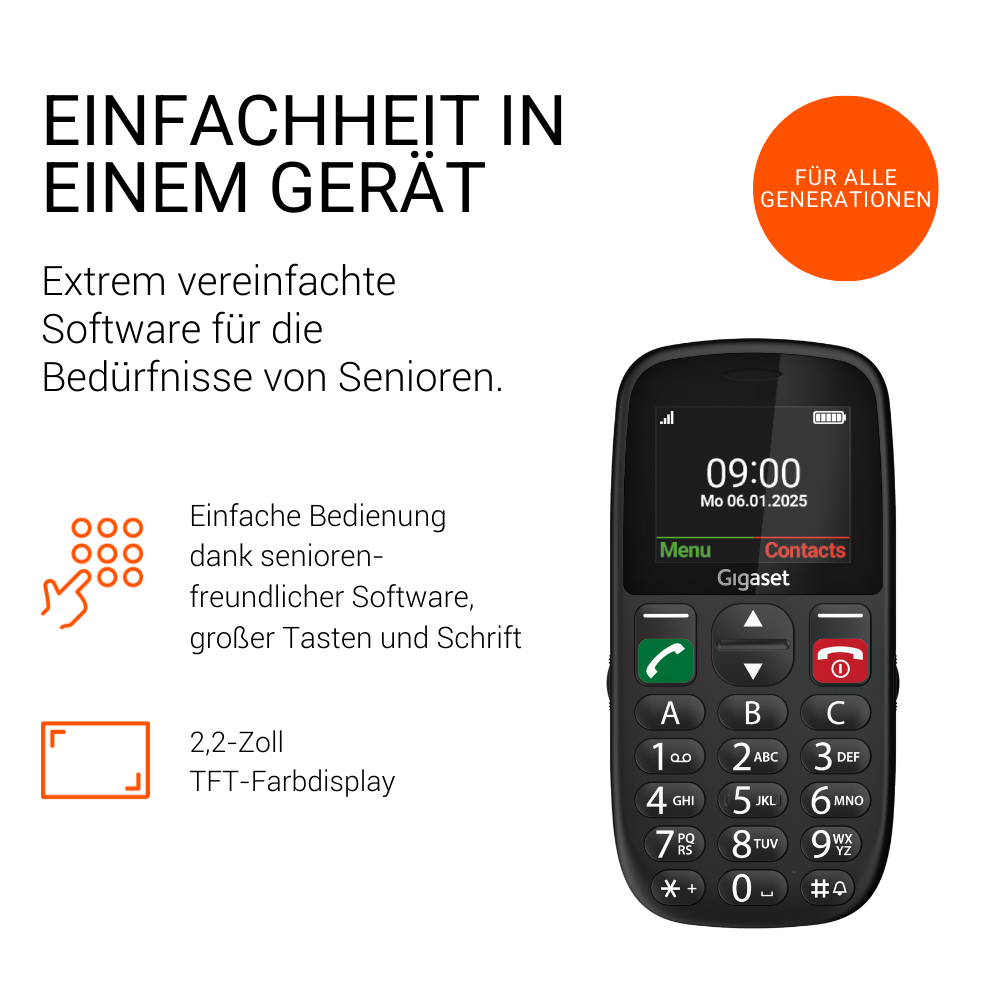 Ein Gigaset-Telefon mit Ziffernblock und Zeit 09:00. Orangefarbener Kreis mit Text.