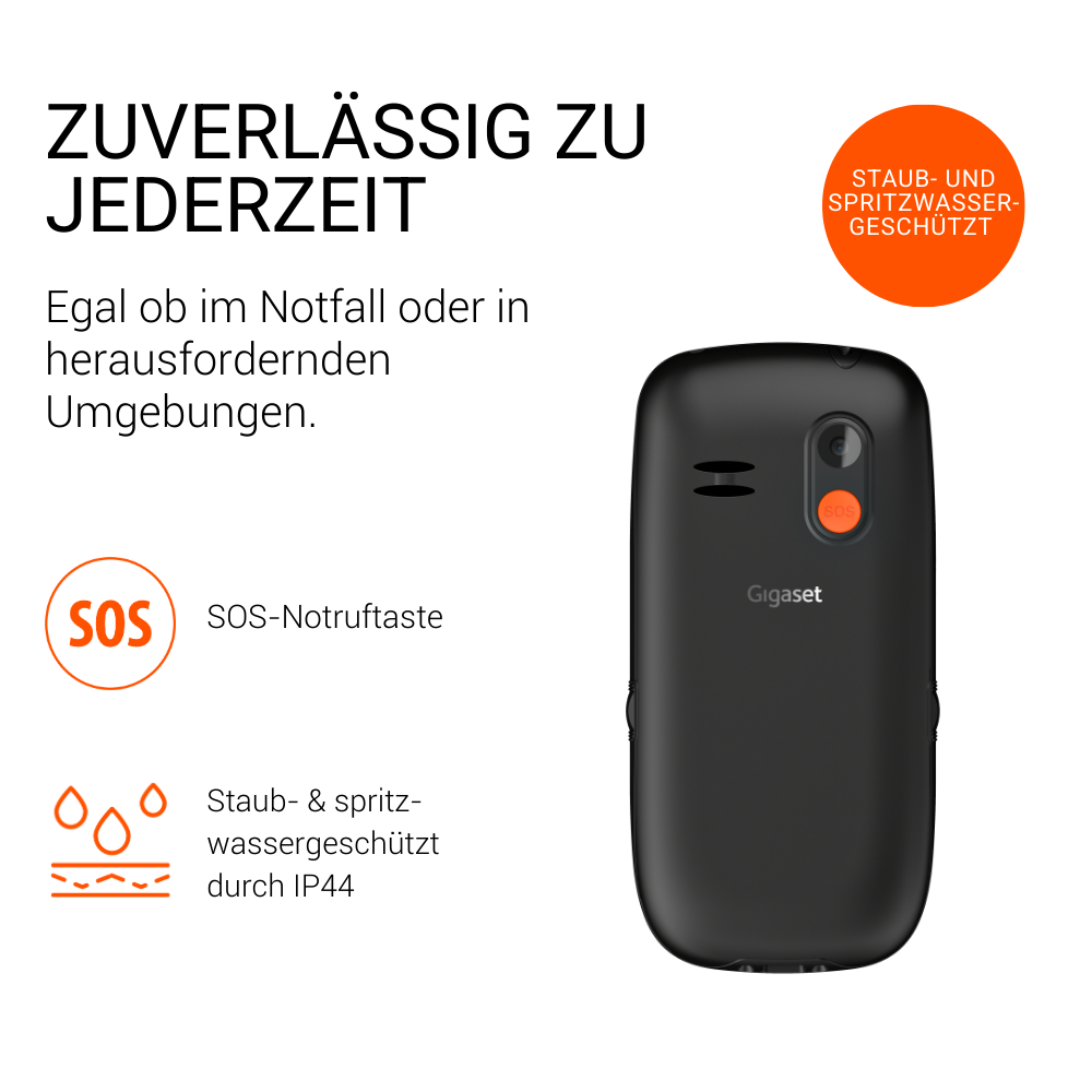 Schwarzes Gigaset-Telefon mit SOS-Taste und Wasserschutz.