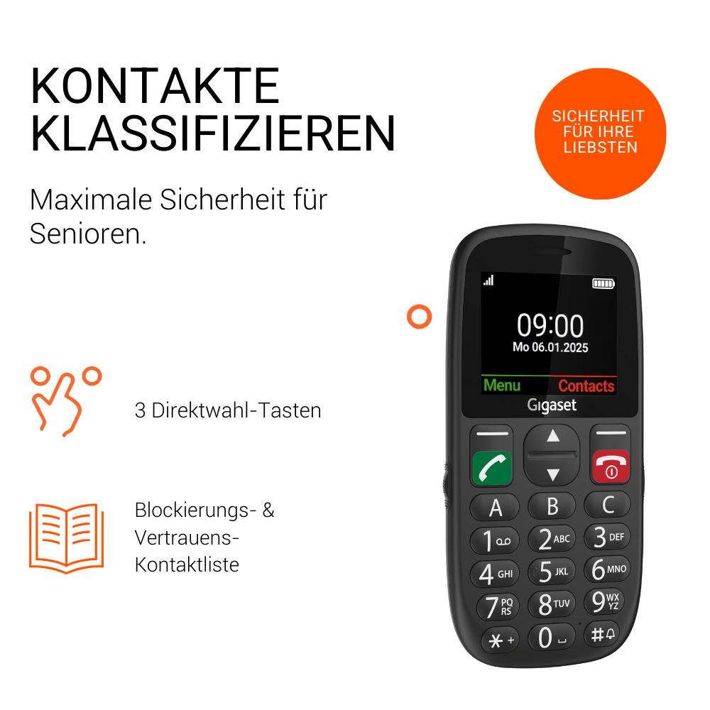 Ein schwarzes Gigaset-Telefon mit Tasten und einem großen Display.