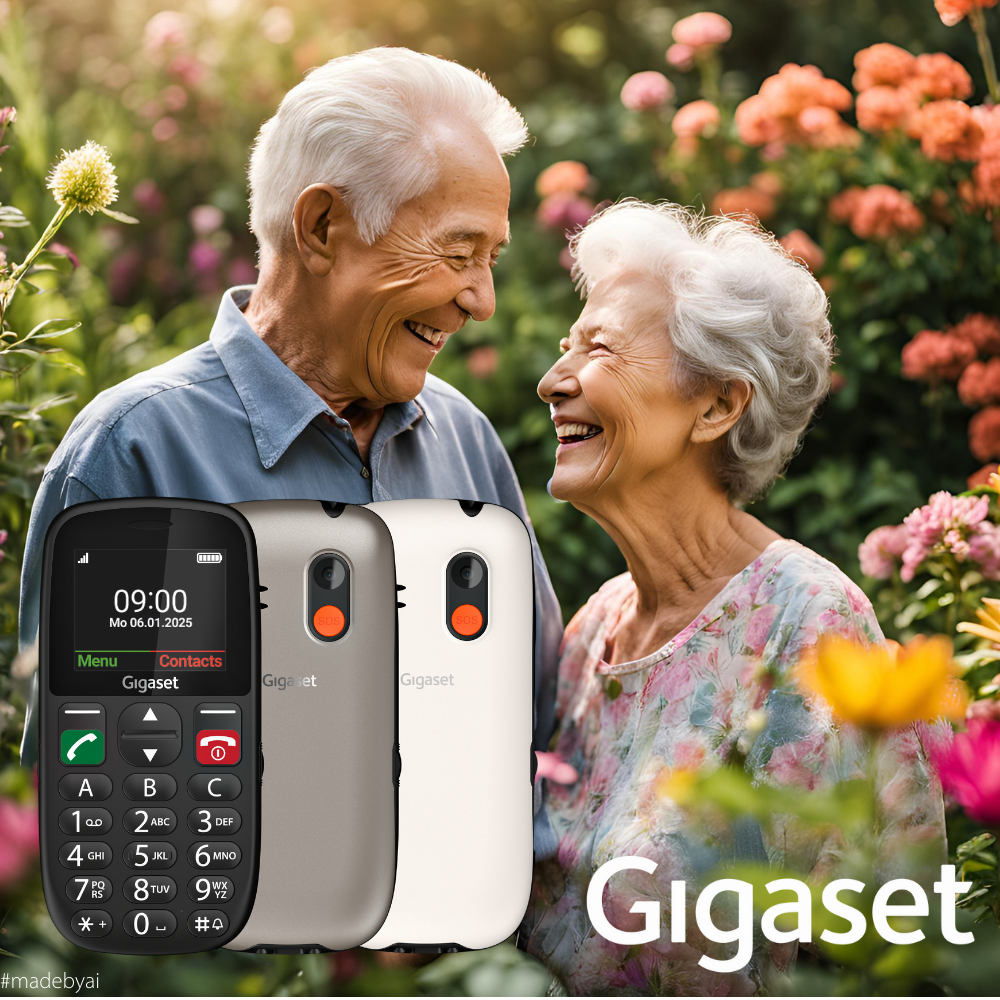 Älteres Paar im Garten mit drei Gigaset-Handys im Vordergrund.