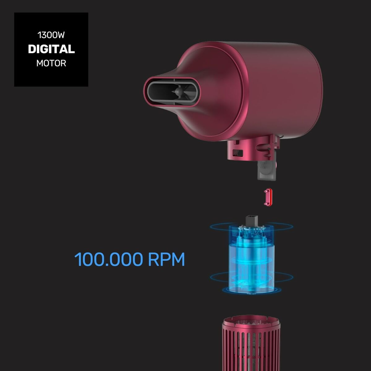 Czerwony silnik suszarki do włosów 1300W, 100 000 obr./min, ciemne tło.