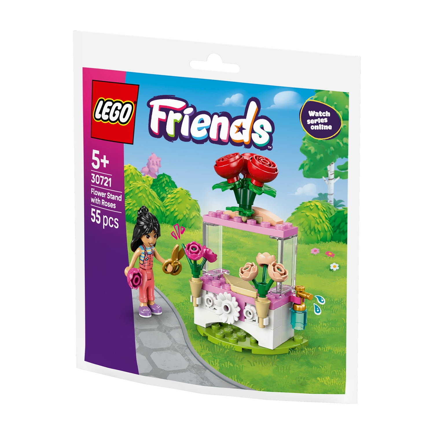 Puesto de flores LEGO Friends con rosas, una niña con tijeras y una regadera.